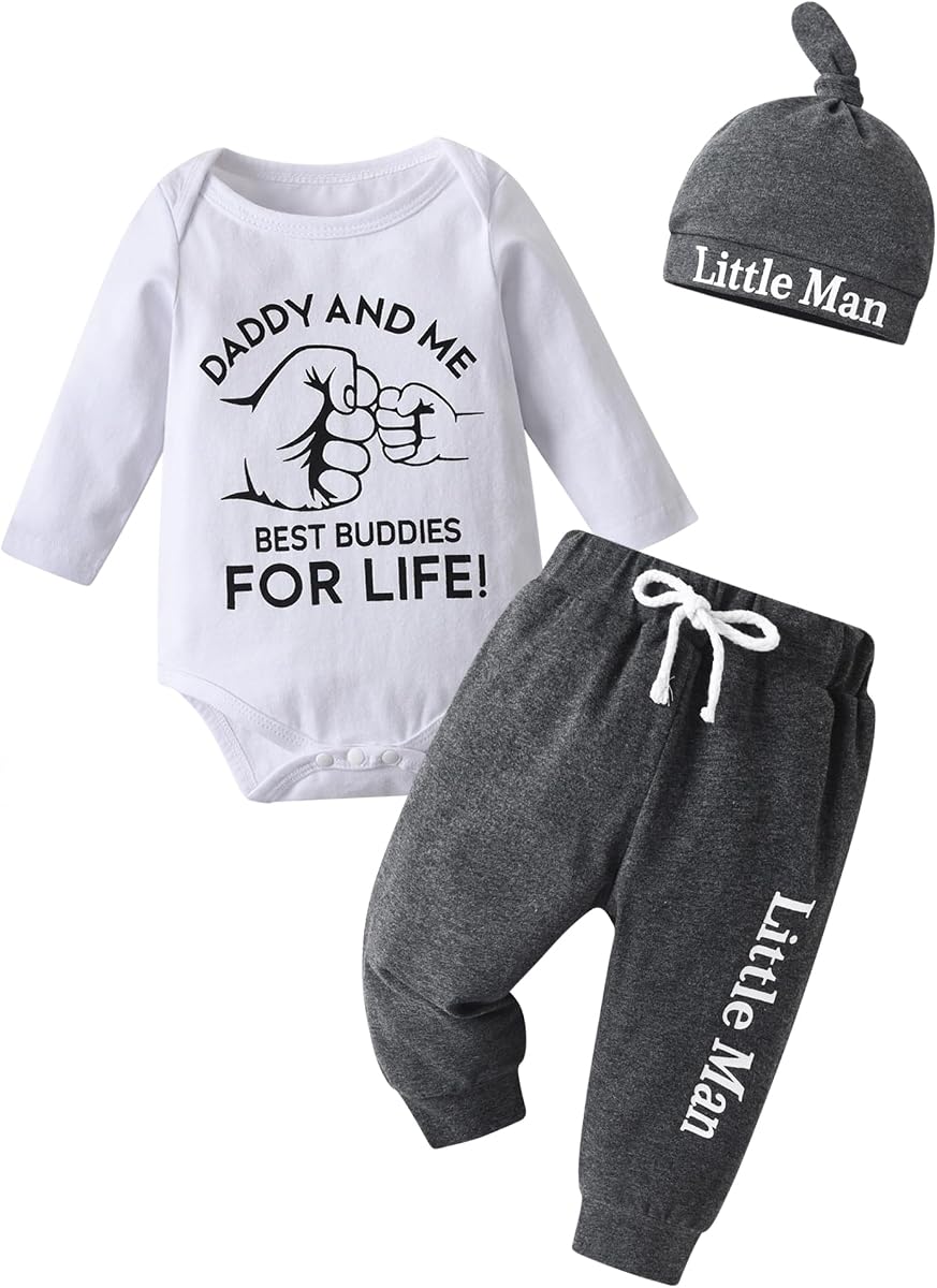 Newborn Baby Boy Clothes Daddy and Me Printed Long Sleeve Bodysuit + Pants + Hat Infant 3pcs Outfits Set