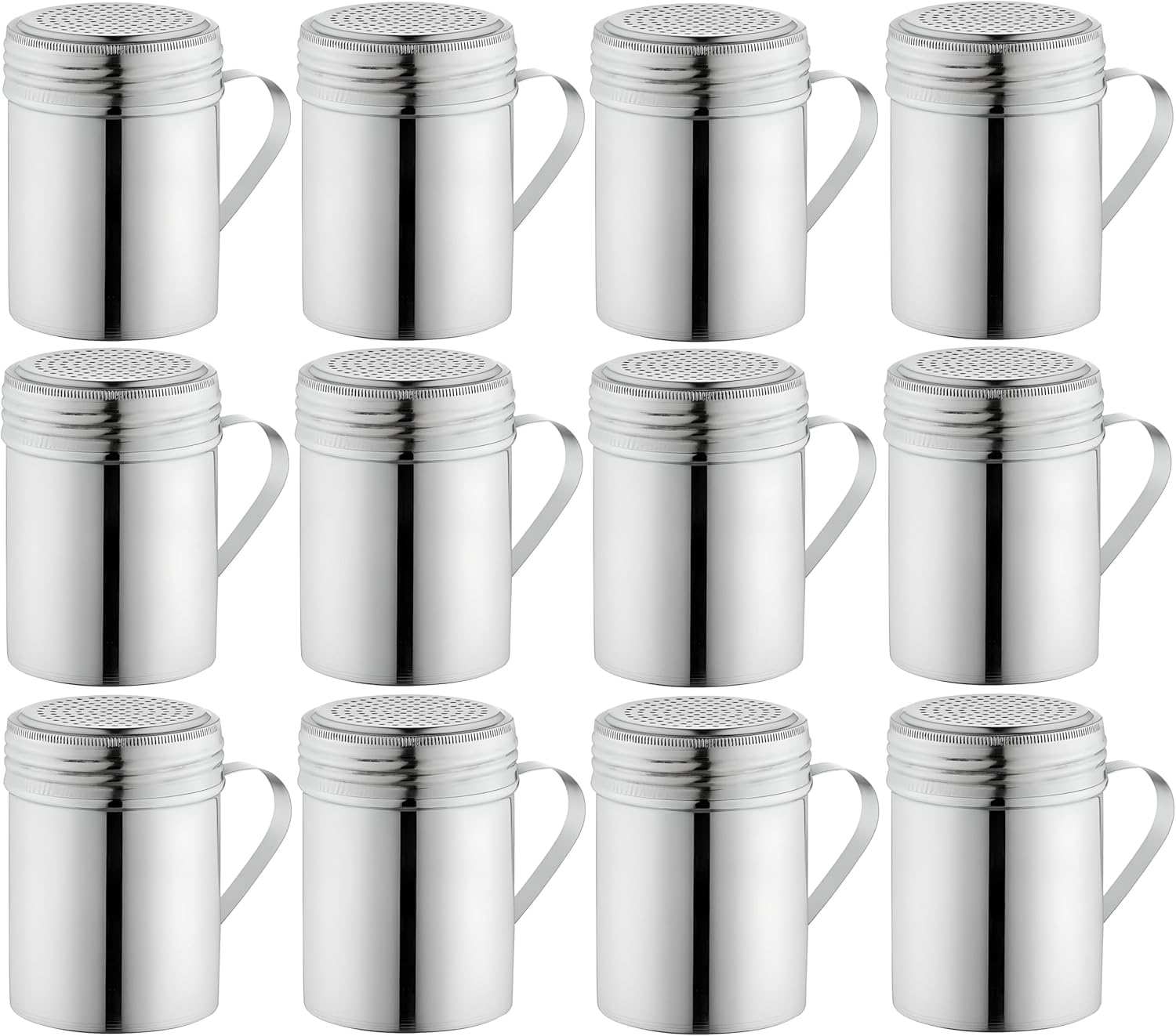 OCS Parts Set of 12 Stainless Steel Dredge Shakers | with Handles | 10 Ounce Stainless Steel Salt, Pepper, Powdered Sugar an Spice Shakers for Home and Commercial Kitchens