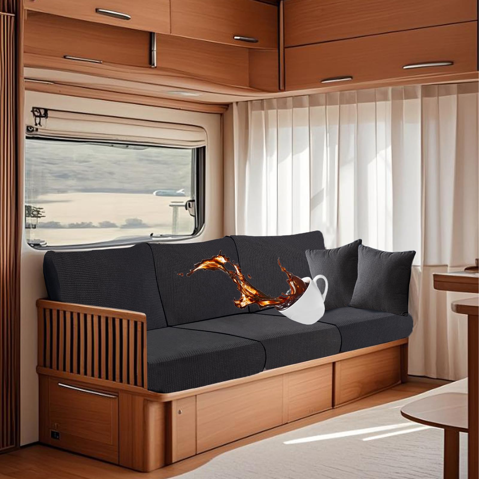 SYLC Wasserdicht Bezüge Für Wohnwagenpolster, Ersatzbezug Für Wohnwagen Polster rutschfest Mit Gummiband Und Schnürung Sofa Sitzkissenbezug (Med Grey,W 50-70 cm, D 50-70 cm)