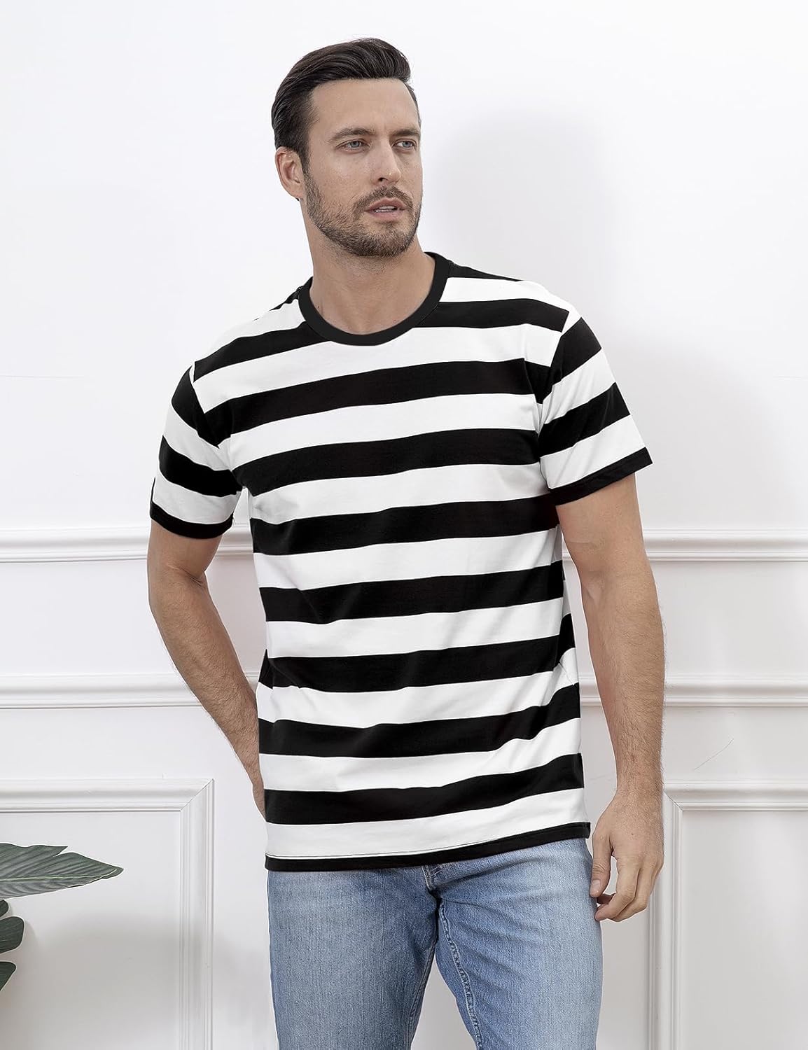 Funny World Men's Cotton Striped T-Shirt Crew Neck Short Sleeves Basic Casual Top - Image 2