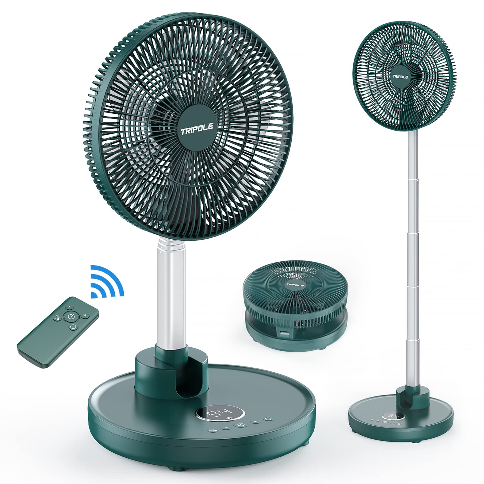 TriPole Foldable Pedestal Fan - 12000mAh Rechargeable, 6 Speeds, 6 Timer Settings, Remote Control, LED Display, 70° Oscillating, 200° Head Tilt, Silent Fan - Dark Green