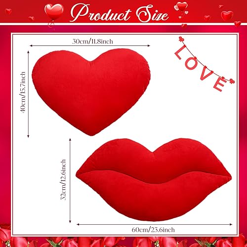 Miniatura 2 de Suzile Juego de 2 almohadas de labios con forma de corazón rojo, lindo y suave para labios, cojín de felpa en forma de corazón para cama, sofá, sala