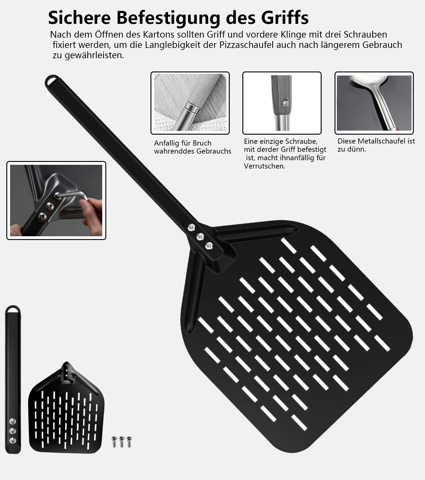 Juego de pala para pizza perforada, pala para pizza de aluminio anodizado con mangos cómodos y extraíbles, incluye volteador de pizza de 7" y pala de pizza de 12" para voltear y transportar