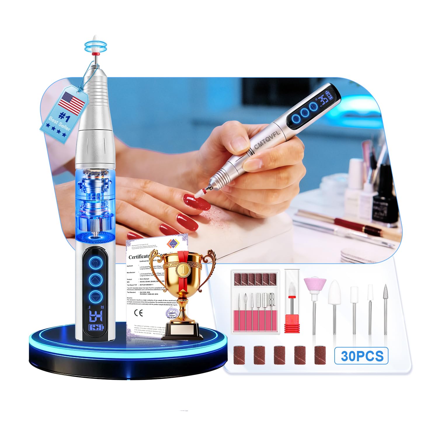 5X Super Powerful Motors Electric Nail Drill CMTQVFL:【15S Quick Remove】 Nail Drill Professional Cordless Drill Nails Machine 3500 Speeds Portable Manicure & Pedicure Kit for Acrylic Gel Dip Powder