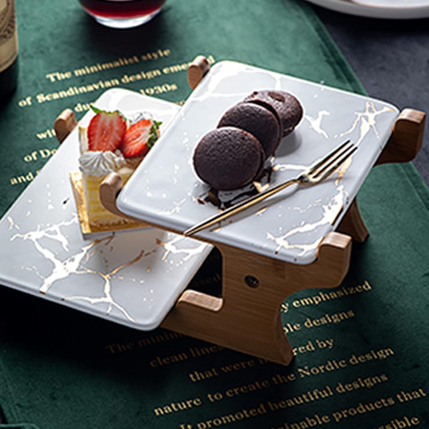 Dessert Stand Marble Cake Stand 2-layer Dessert Table with Wooden Base Afternoon Tea Cupcake Stand for Tea Party, Wedding and Birthday Cupcake Stand Serving Tray (Color : Black)