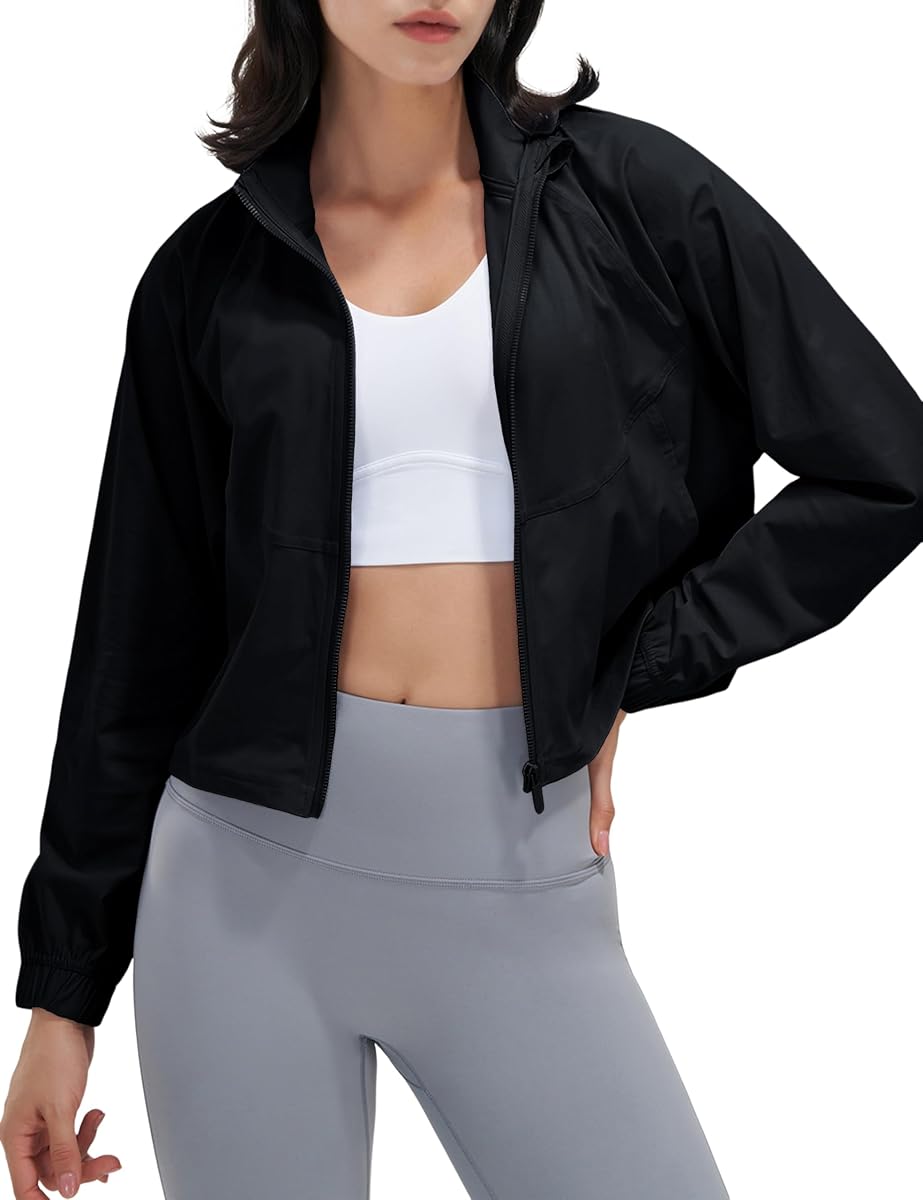 Womens Athletic Cropped Jacket Zip Up Long Sleeve Workout Tops Gym Yoga Running Sports Shirts Jackets