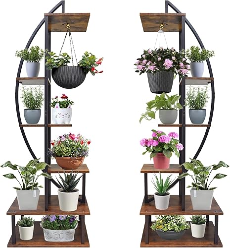 WWahuayuan 2 soportes para plantas de media luna para interiores, 6 niveles, estante de metal, escalera de madera, soporte para macetas con perchas