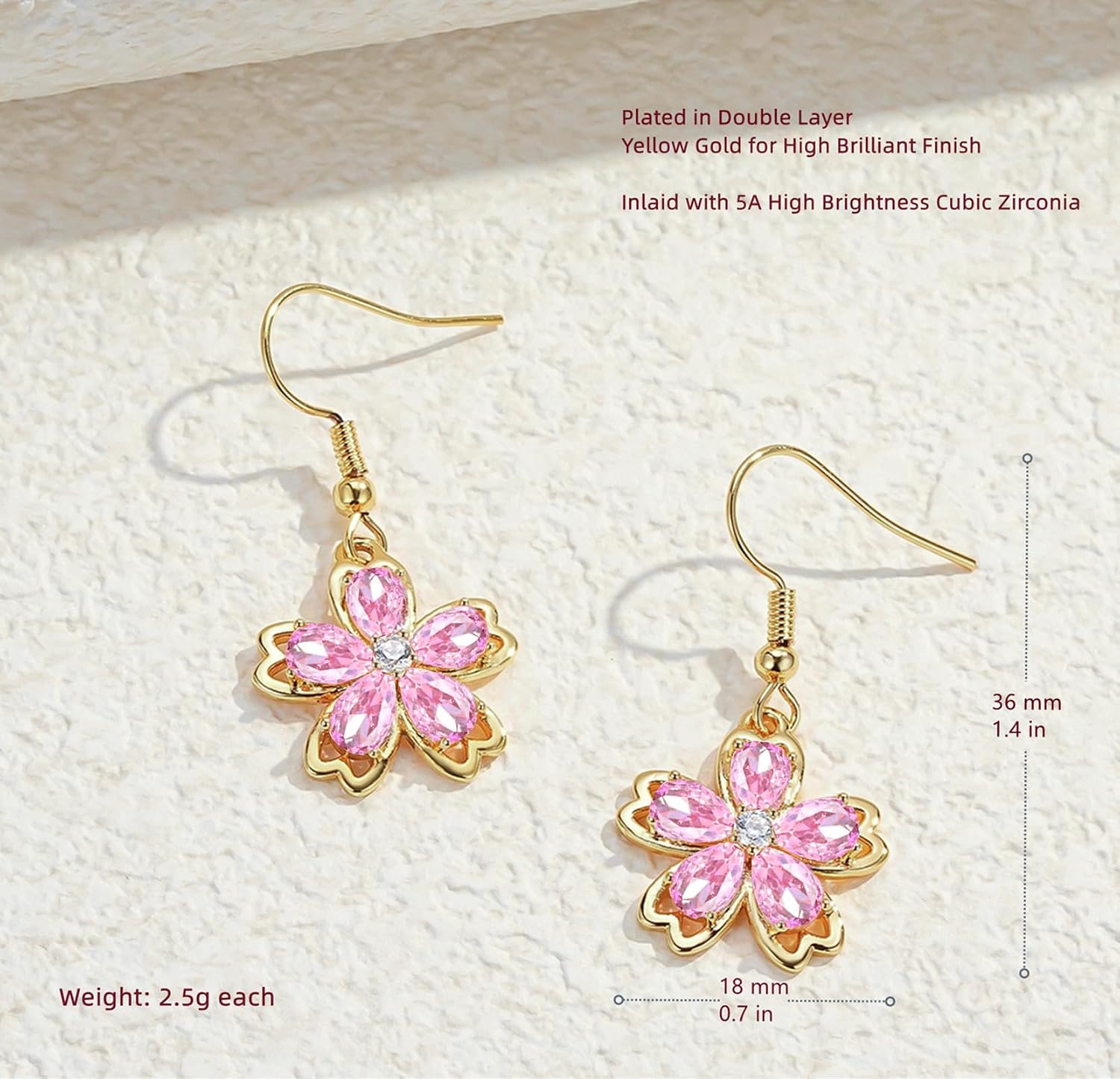 VONSSY Pink Cherry Blossom Necklace Earrings Cubic Zircon Crystal Flower Flora Sakura Pendant 18k Gold Plated Chain Silver Post Stud Jewelry Set Gift for Woman Wife Girlfriend Mom