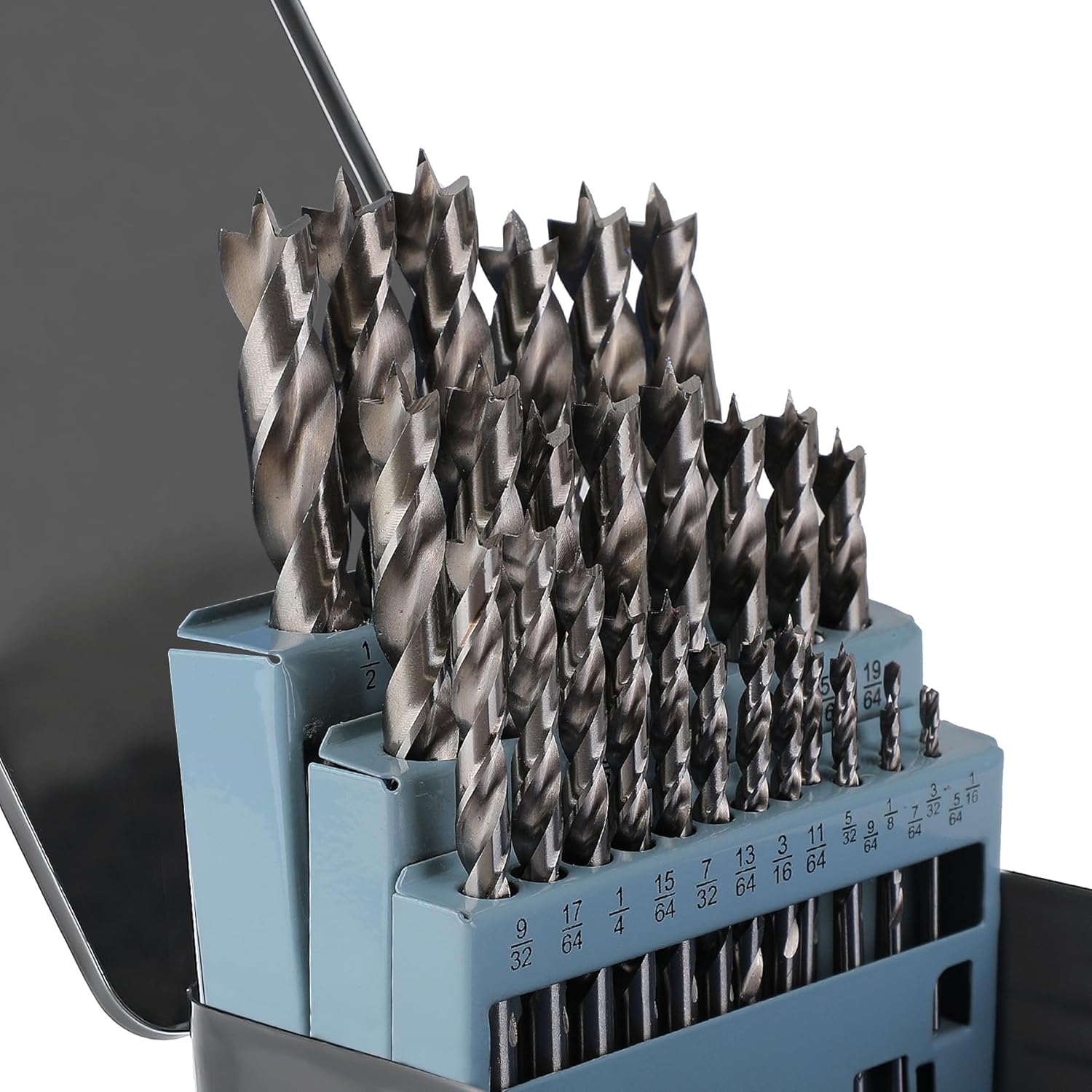Brad Point Drill Bit Set 29Pcs (1/16" - 1/2") HSS Round Shank Drill Bit Set with Double Flutes Design for Hardwood, Plywood, Plastic Round Holes in All Types of Wood