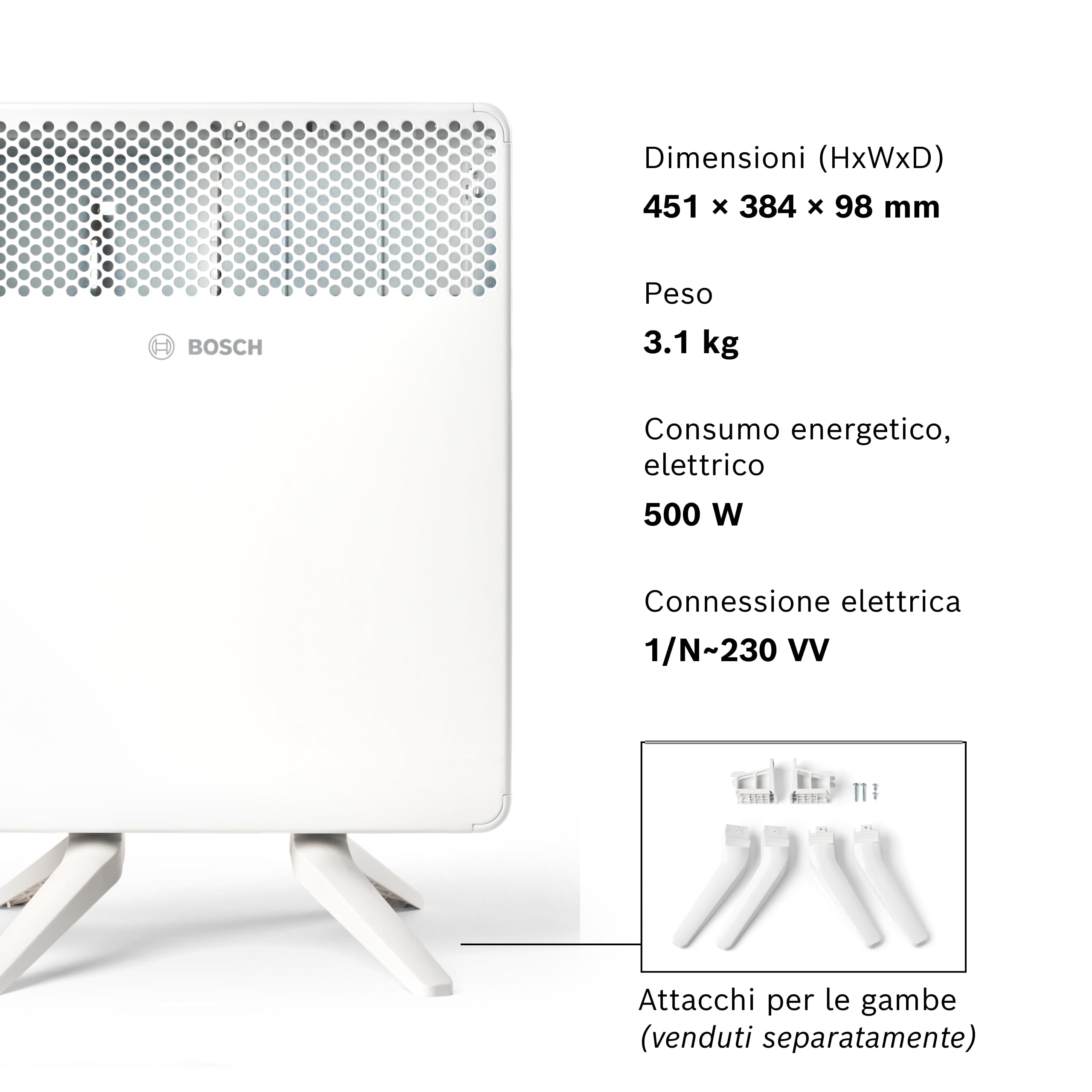Bosch Heat Convector 4000-5 Convettore elettrico, 500 W | Per Ambienti fino a 5 m², Riscaldamento Elettrico con Display LED, Programma Settimanale, Protezione Spruzzi d'Acqua