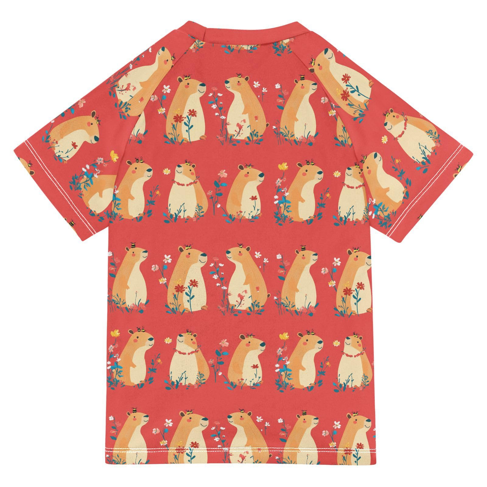 Girls Bathing Suit Short Sleeve Kids Rash Guard Swim 4T Cartoon Capybara Red