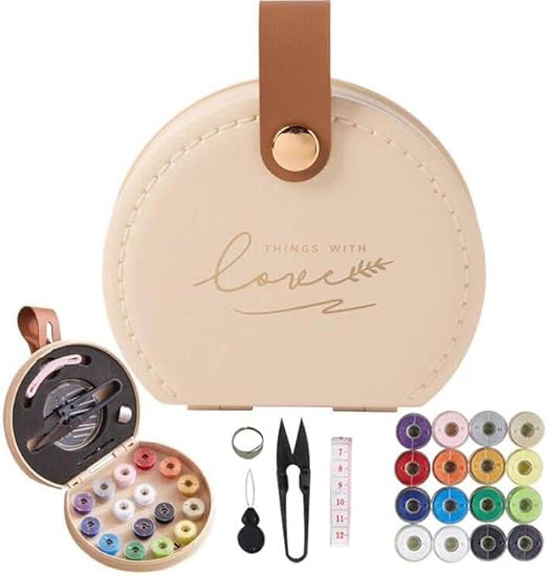 Curated Cart Portable Sewing Kit Combo - Sui Dhaga Kit Organizer - Thread, Scissors, Needles, Pins, Measuring Tape, Thimble - DIY Travel & Home Sewing Repair Set - Sewing Thread Box Mini Set - Beige