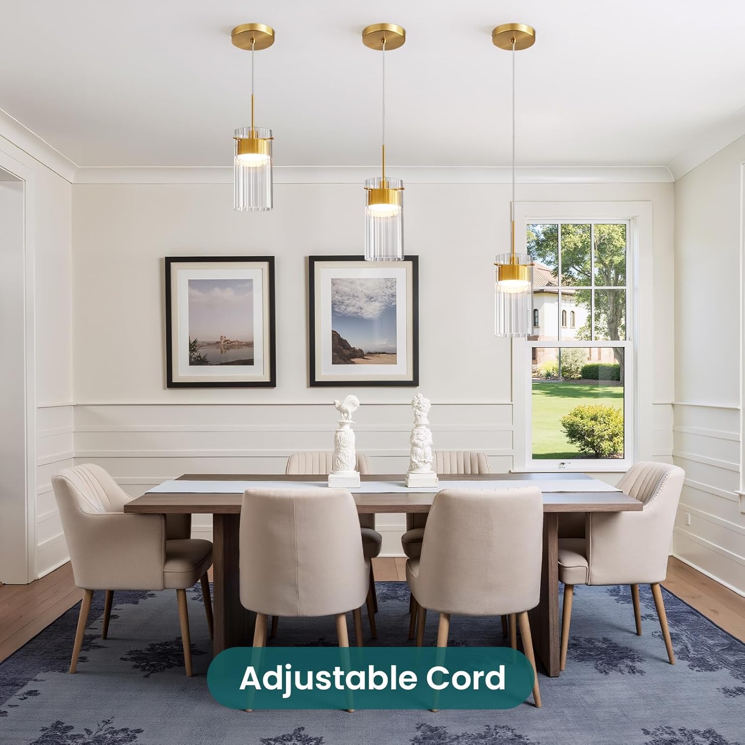 Modern Pendant Lights Kitchen Island with Built-in LED Light, Brushed Gold Glass Pendant Light Fixtures, Adjustable Hanging Light for Dining Room Bedroom Bar (3 Pack)