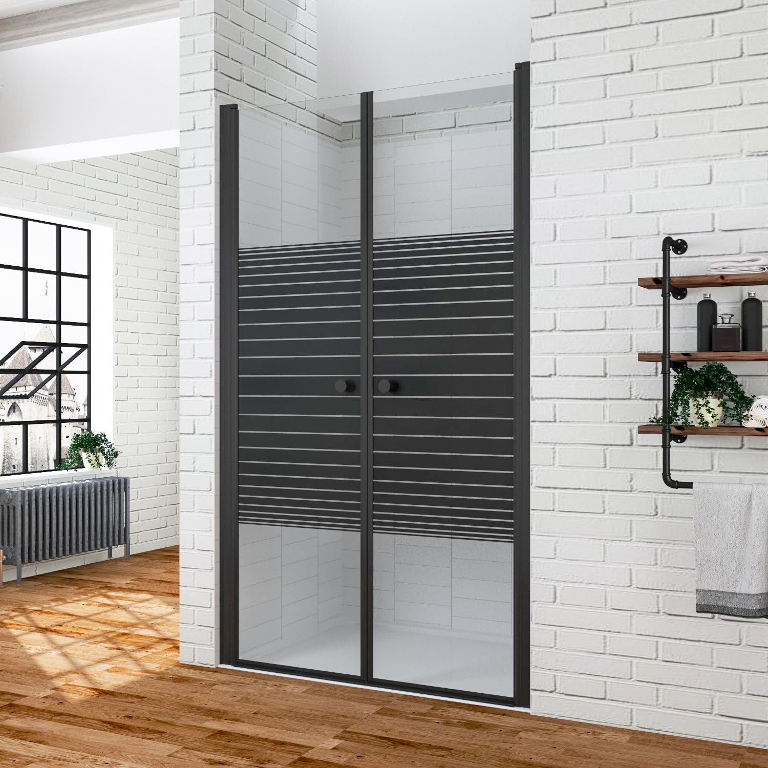 AQUABATOS Duschtür 110 cm breit Verstellbereich 108-111 cm Rahmenlos Pendeltür Dusche schwarz matt Nischentür Schwingtür 6 mm ESG Sicherheitsglas mit Querstreifen-Dekor NANO Beschichtung höhe 195 cm