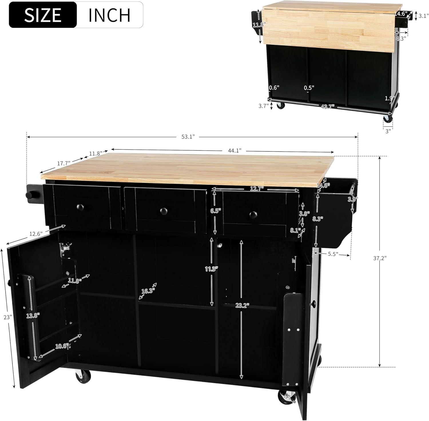 53.1" Rolling Kitchen Island with Storage Cabinet & 3 Drawers - Portable Kitchen Cart with Drop Leaf for Dining Room, Black