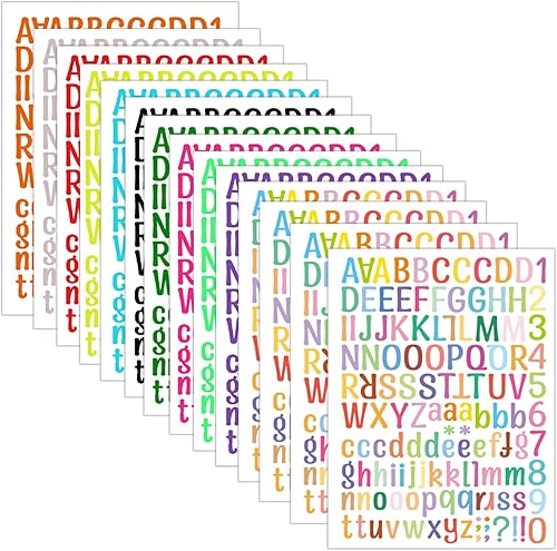 Miniatura 13 de 1224 calcomanías de letras, 12 hojas de calcomanías del alfabeto de 0.8-1.6 pulgadas, calcomanías de vinilo autoadhesivas de números y alfabeto