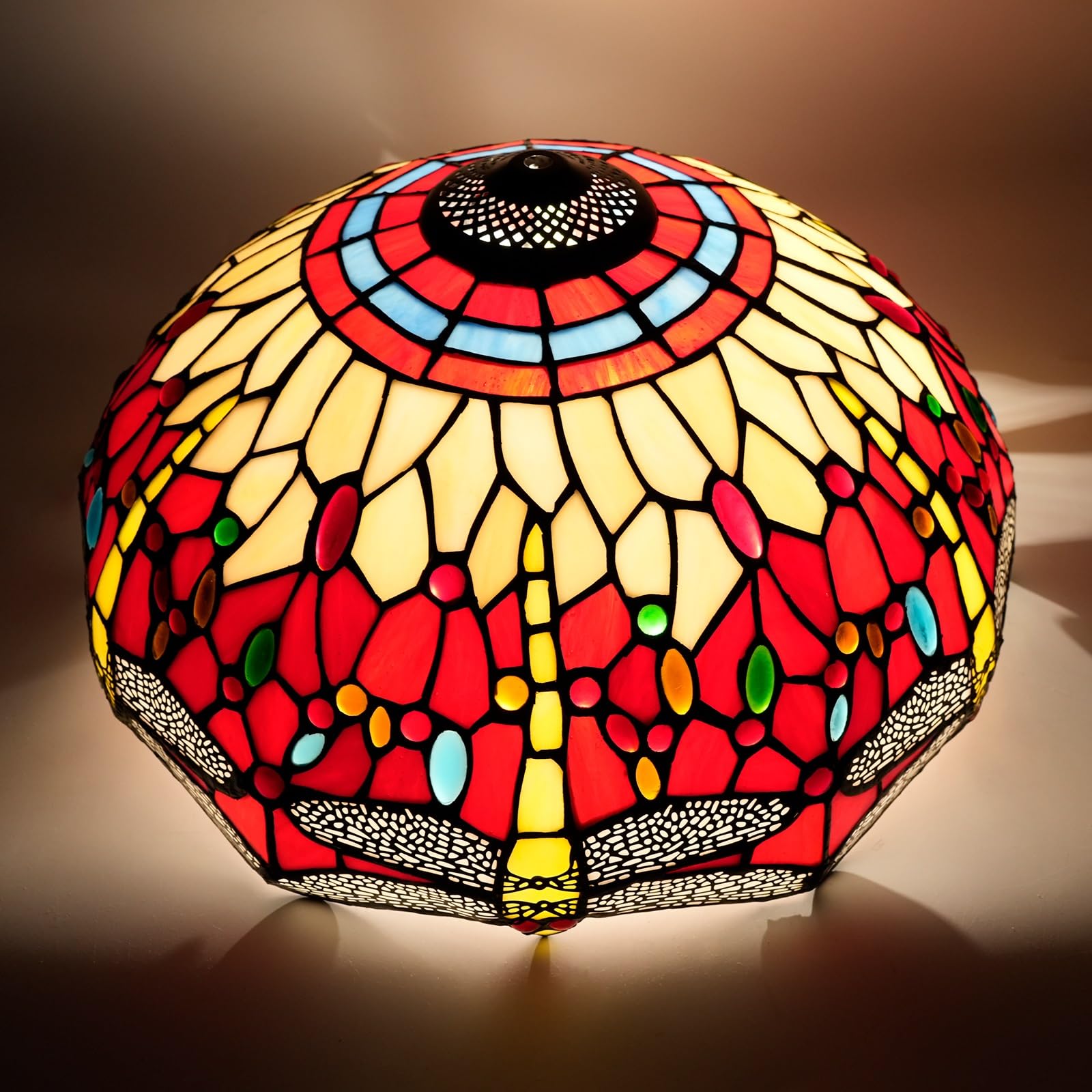 HJRegaFimu Shade Replacement 16" Red Dragonfly Stained Glass Lamp Art Decor Vintage Lampshades Accessories Fit For Table Floor Pendant Light