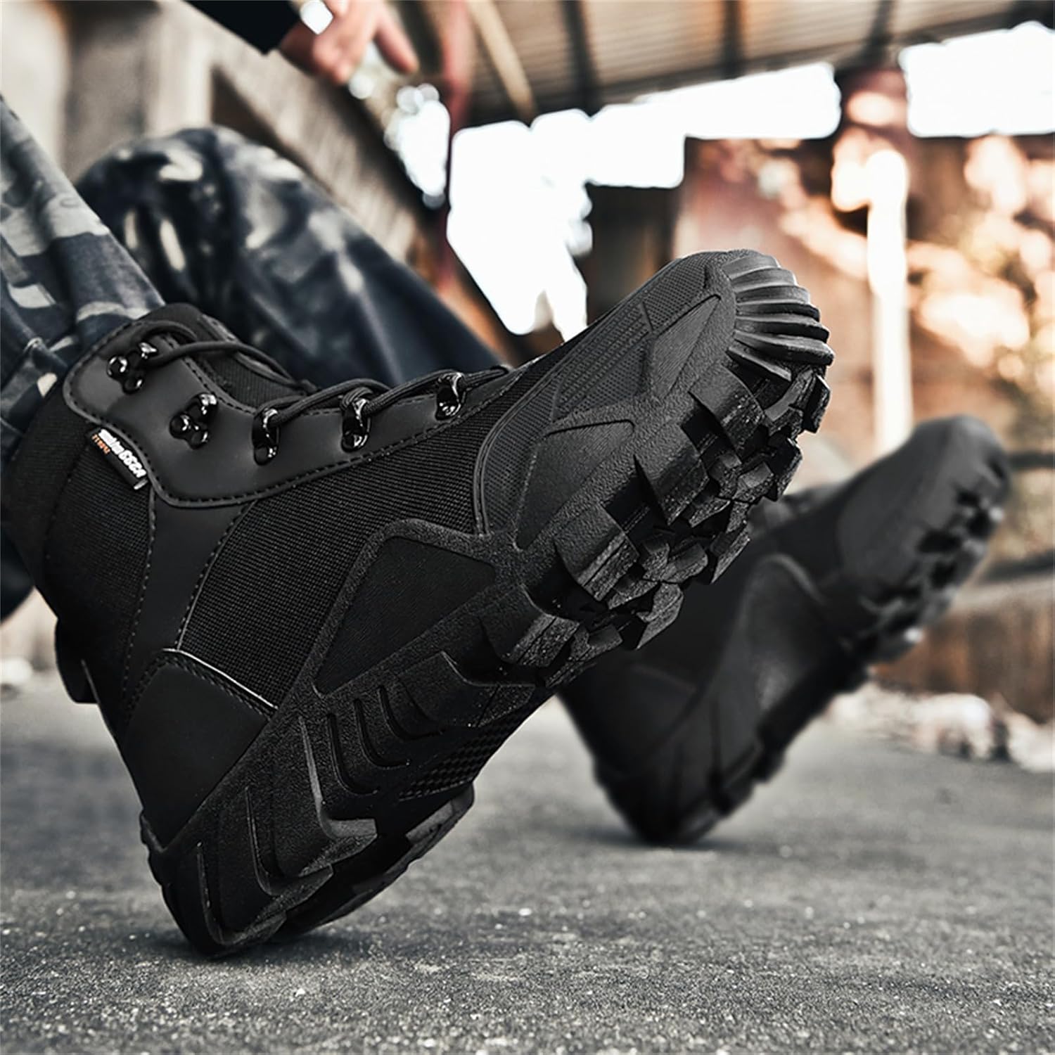 Men's Mid Top Lace Up Tactical Army Combat Boots Leather Mesh Reinforced Toe Cap Mid Heel Non Slip Outsole Breathable for Outdoor Hiking Tactical Missions Backpacking