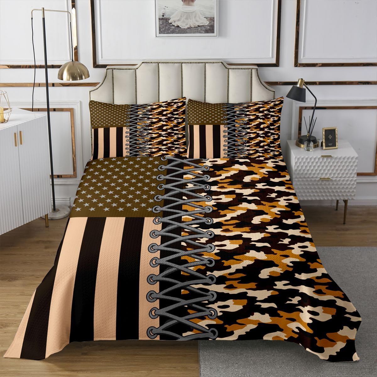 jejeloiu Brown Black Camo Bedspread Twin Size American Flag Coverlet Set Shoelace Pattern Quilted Coverlet for All Season with 1 Pillowcase Star Stripe Patchwork Microfiber Lightweight