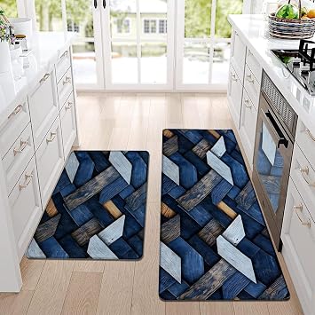 YunTu Blue Herringbone Kitchen Mats and Wood Plank Kitchen Rugs 2 Piece Set, Anti-Fatigue Cushioned Floor Mats for Standing, Soft Absorbent Runner Rugs for Kitchen Sink, Home