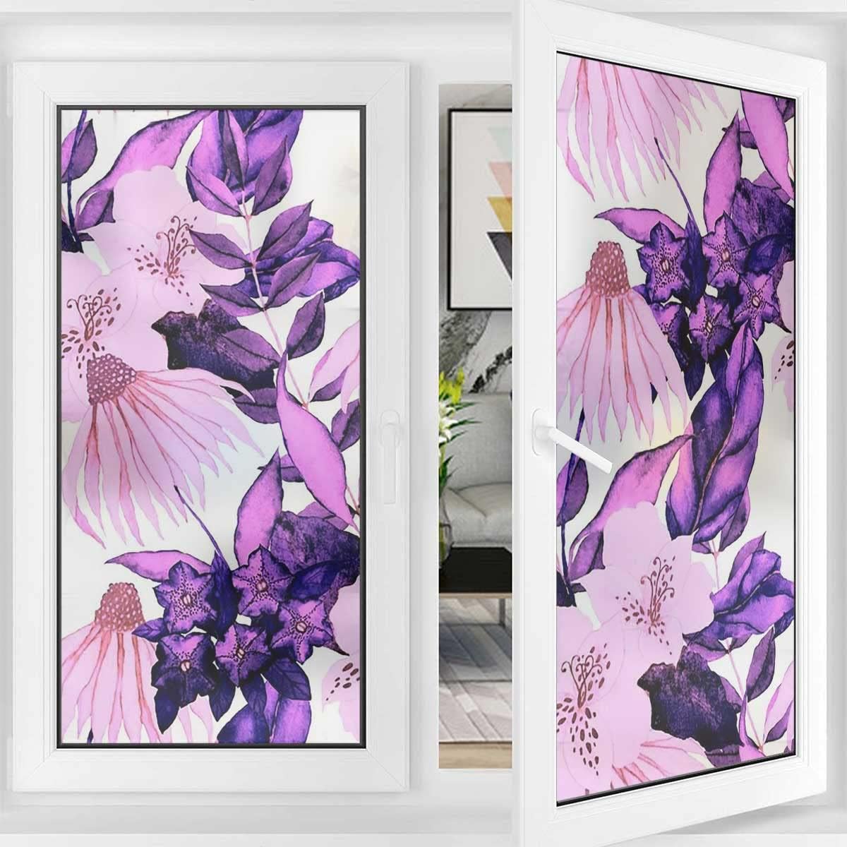 Vinyl Stained Glass Film Purple Morning Glory Flowers Window Film Privacy Stained Static Cling Glass Film 17.7Wx35.4L-inch x2 Pcs