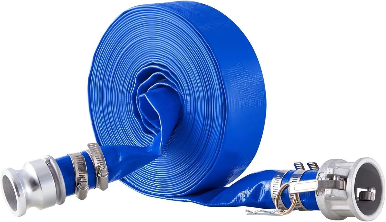 4" ID × 100 ft Pool Backwash Hose, Heavy Duty Reinforced Blue PVC Lay Flat Water Discharge Pump Flat Hoses, with Aluminum Camlock C and E Fittings