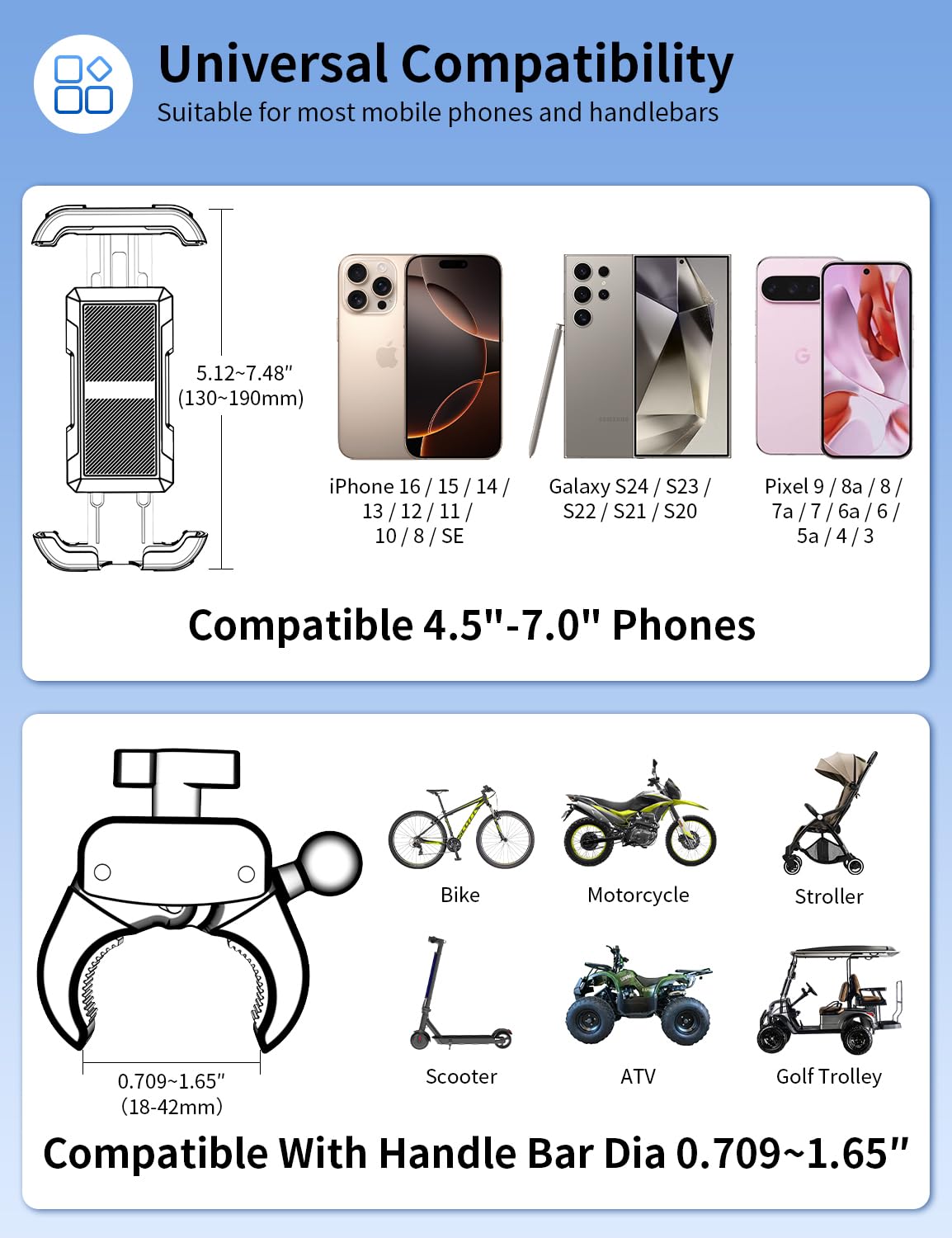 Bike Phone Holder, Motorcycle Phone Mount, [Camera Friendly] [Quick Install] [Double Locked]Clip for Scooter, 360° Rotate Cell Phone Clamp for iPhone 16 15 Pro Max/14/13, Galaxy and More 4.7-7" Phone
