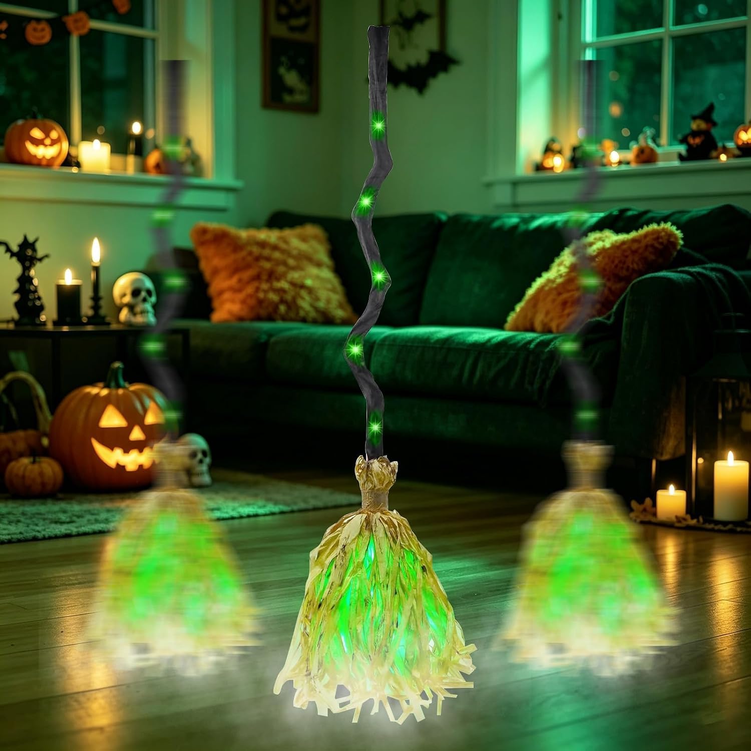 Floating Witch Broom with Light, 90 cm Witch Broom Halloween Decoration