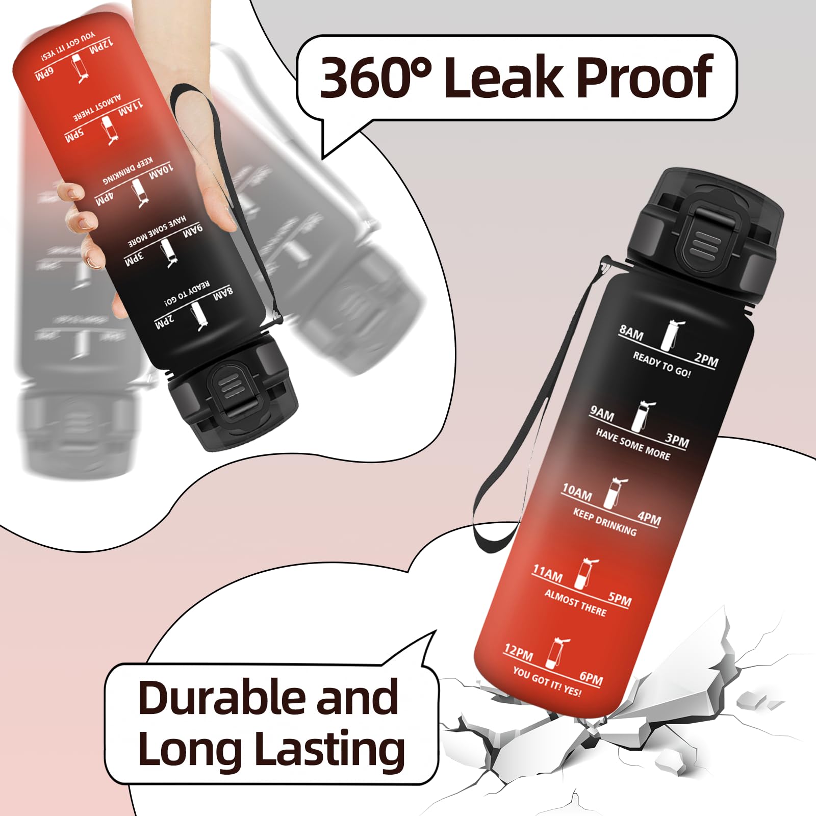 Baramumu Borraccia 1 litro, con Cannuccia, Borraccia Palestra, a Prova di Perdite, Bottiglia acqua, Facile da Aprire, Borracce, per Palestra, Trekking, Fitness, Yoga, Ufficio, Nero-Rosso