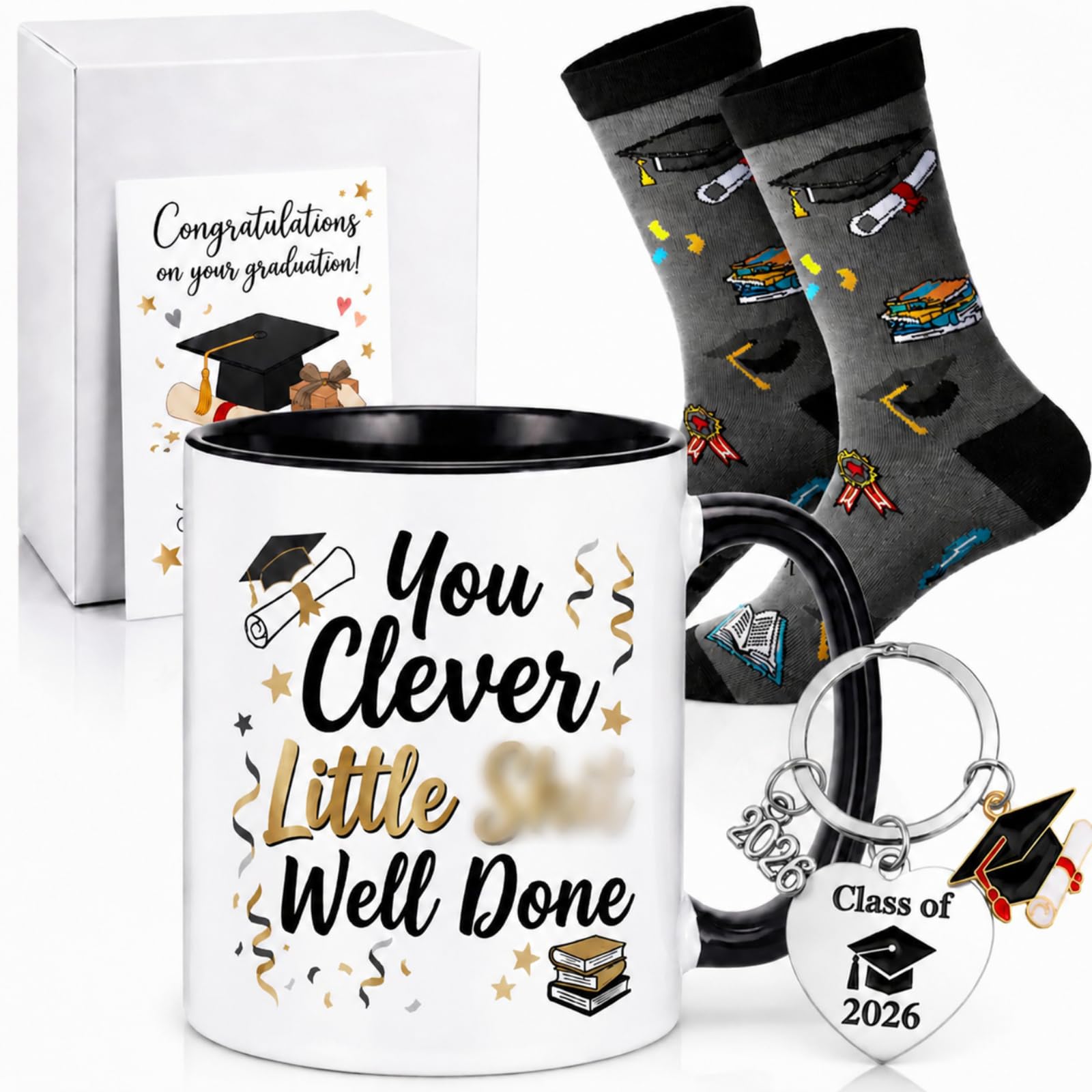 Hestya Graduation Gifts 2026 for Her Him, High School Through University and College Graduation Gift Set - Cheeky Funny Mug Socks Keychain & Card for Daughter Son Friend Sister Brother Mate