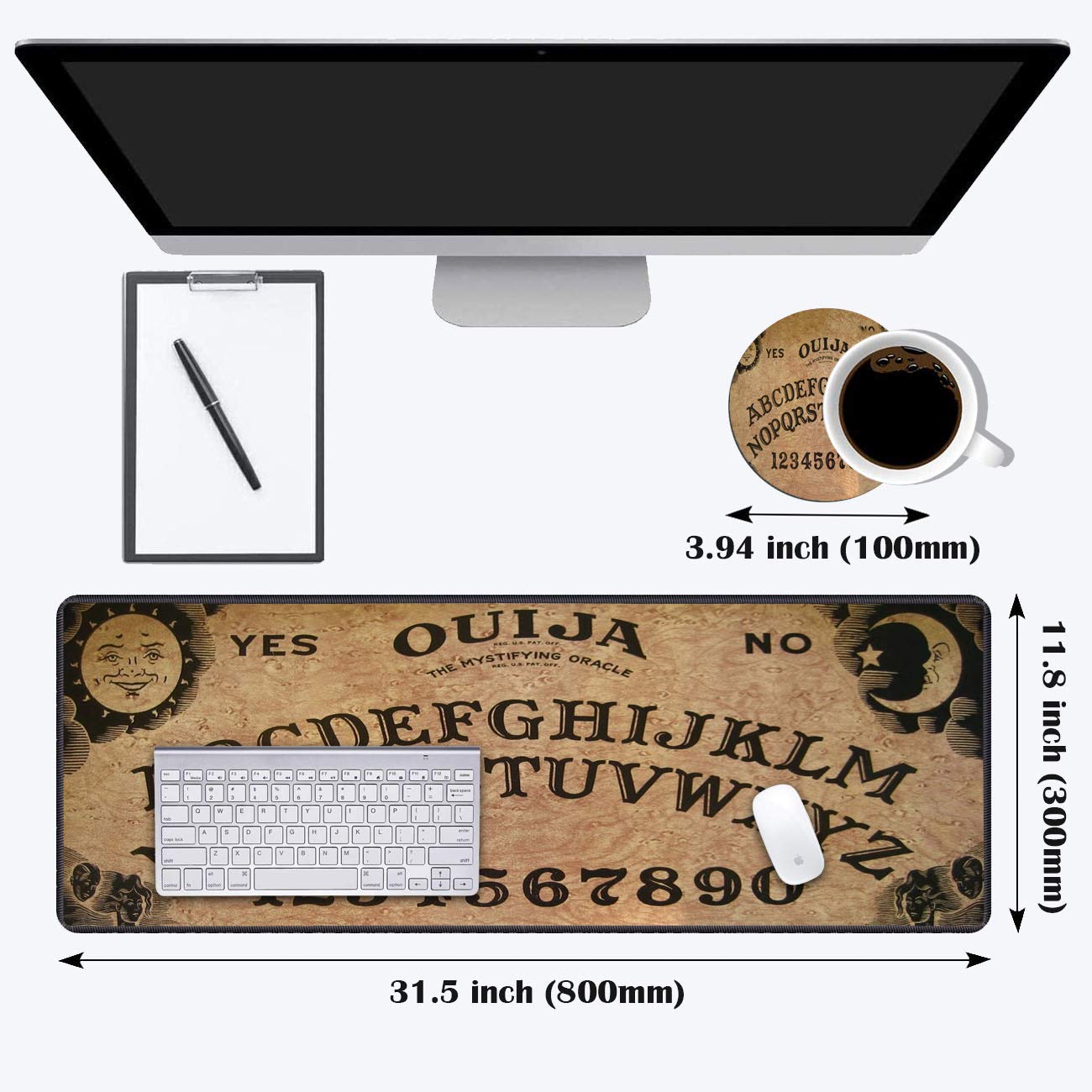 Luasao Desk Pad Mat Gaming Mouse Pads with Coasters Set, Stitched Edges Design Mouse Pad XXL Large Mouse Pad for Laptop Computers Retro Ouija Board Desk Writing Mat for Office & Home 31.5x 11.8