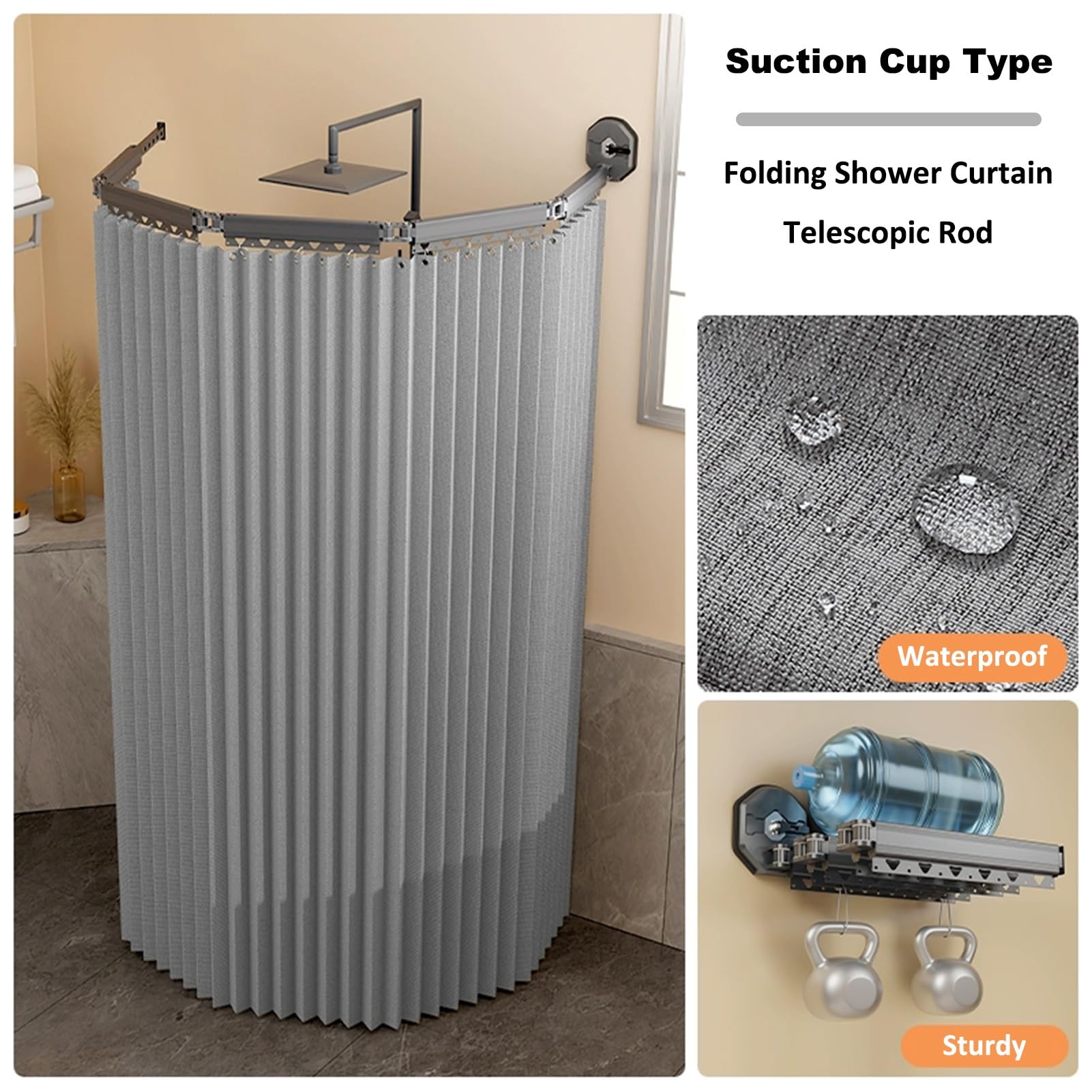 Set doccia pieghevole e asta staccabile, design moderno in lino, asta angolare retrattile per bagno/camper/hotel, combinazione fai da te, grigio chiaro (40,9 + 9,8)