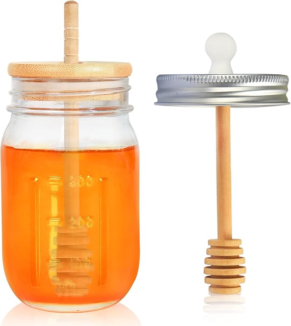 GIVAMEIHF16oz Pot de miel,Jarre de miel de verre avec le pot de sucre-extra Mason Jar L'amande de miel ,Distributeur de miel du verre,Conteneurs de miel et Jarres de miel pour le stockage et la distribution du miel,Merci Cadeau
