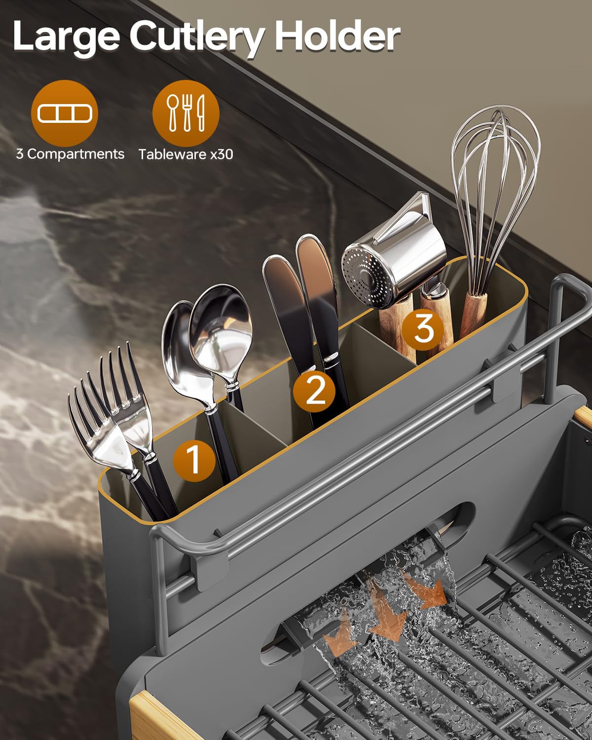 Urackify Escurridor de platos para encimera de cocina, escurridor de platos de acero inoxidable y bambú, escurridor de platos con gran soporte extraíble para utensilios, escurridor de platos con