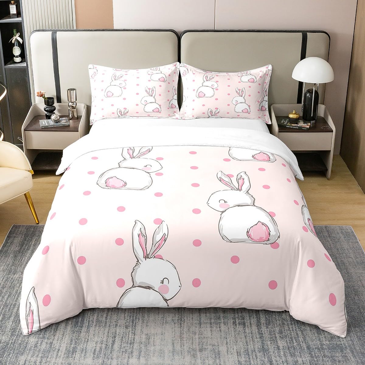Loussiesd Rabbit 100% Cotton Duvet Cover Double Size Cartoon Rabbit Print Bedding Cotton Duvet Cover Set Car Reversible Cute Pet Pink Wild Animal Comforter Cover Set โ image 1