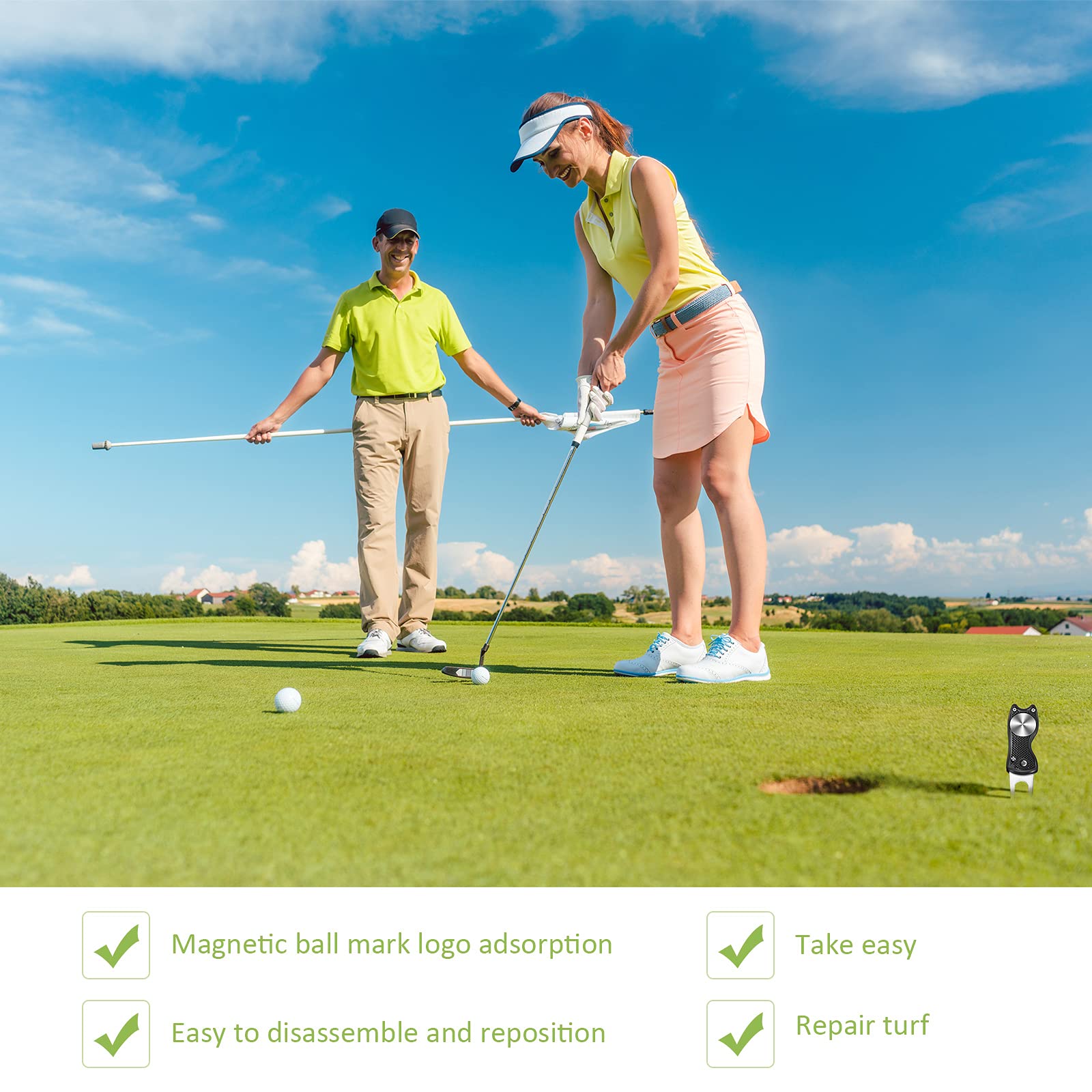 Strumento di Riparazione Divot Golf in Acciaio Inossidabile Forcone Pieghevole con Pennarello, Nero