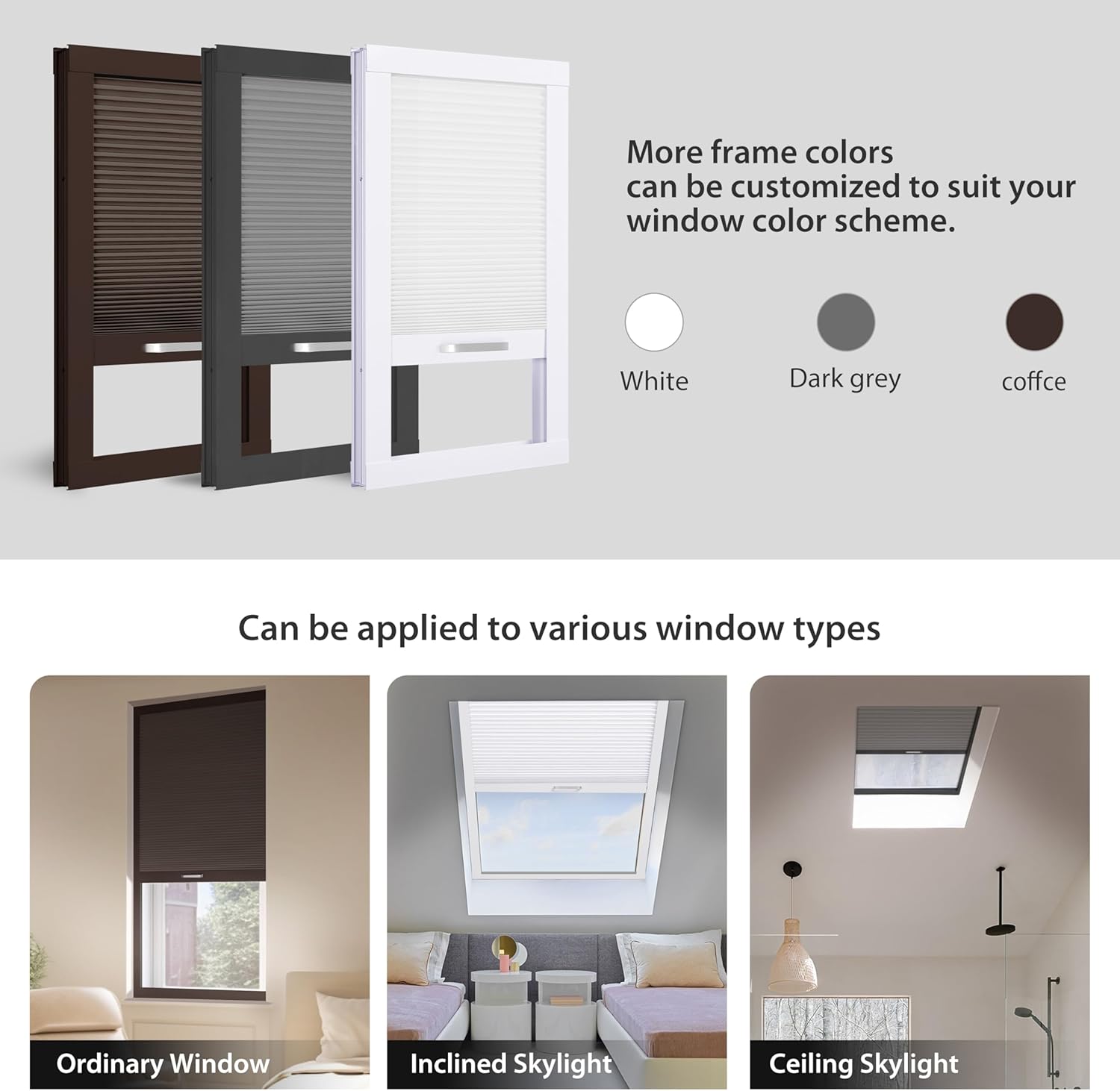 Boolegon Skylight Shades Blackout Roof Window Blinds Manual Cellular Shades Room Darkening UV Protection Honeycomb Blinds for Ceiling, Glass Room, Custom Size, Blackout-Dark Gray