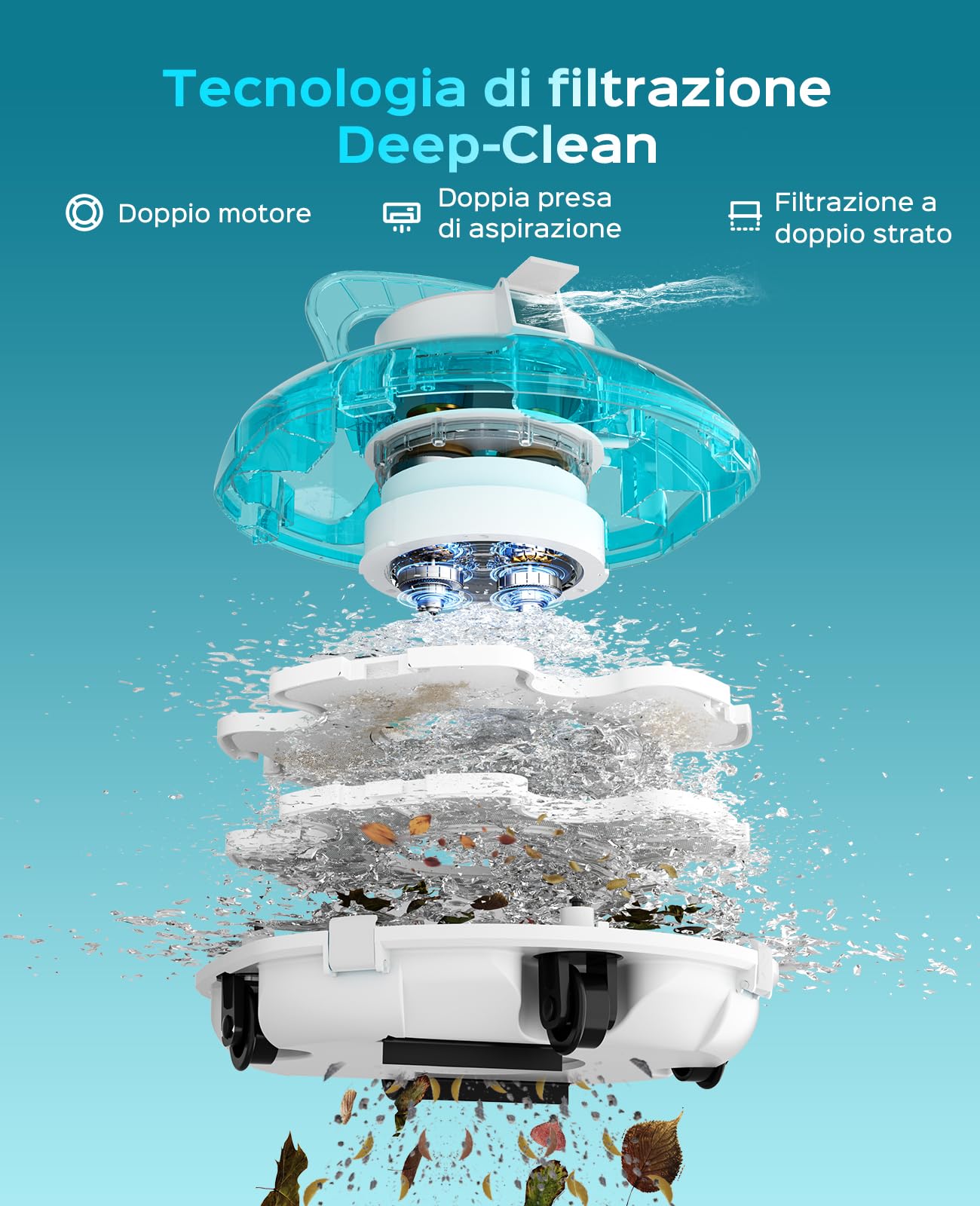 WINNY POOL CLEANER Winny 200 Robot Piscina, Piscina Senza Fili con Batteria, Autonomia 75 Min per Piscine Fuori Terra 60 m², Doppia Filtrazione, Parcheggio Automatico(Blu Marino-Bianco)