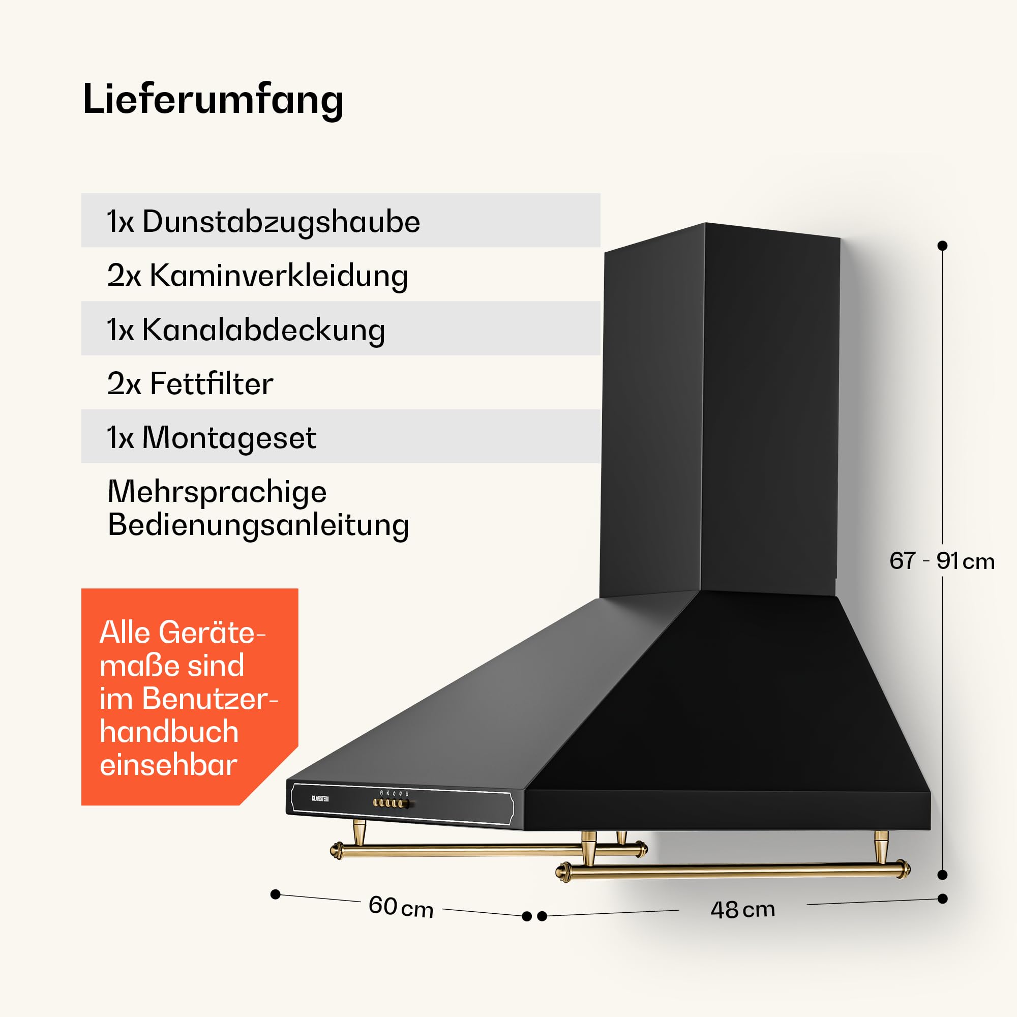 Klarstein Dunstabzugshaube 60cm Umluft Abluft 645 m³/h Spülmaschinenfester Filter