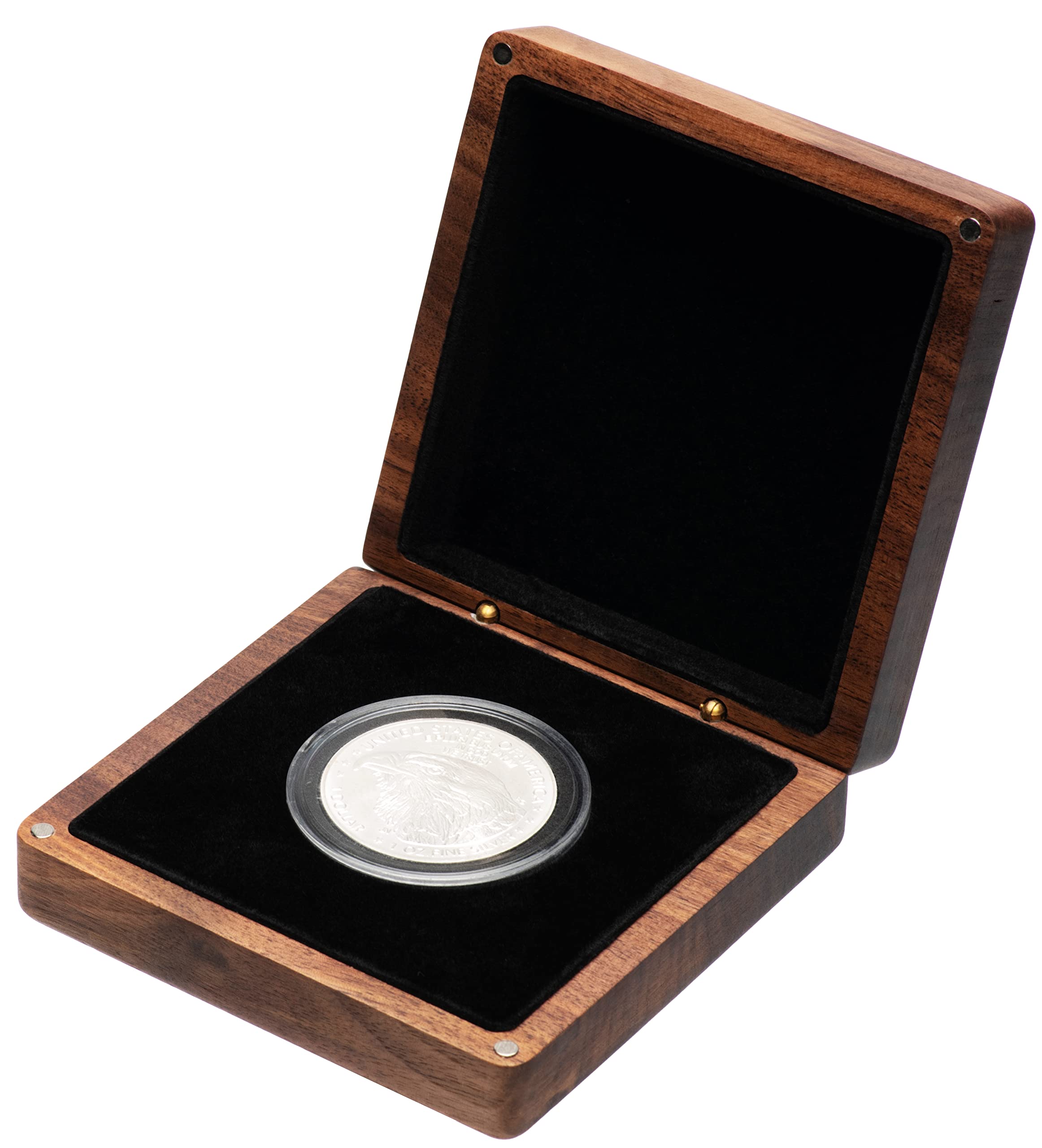 Single Walnut Wood Challenge Coin Presentation Display Box Storage Case and Plastic Coin Capsules with Adjustable Gasket