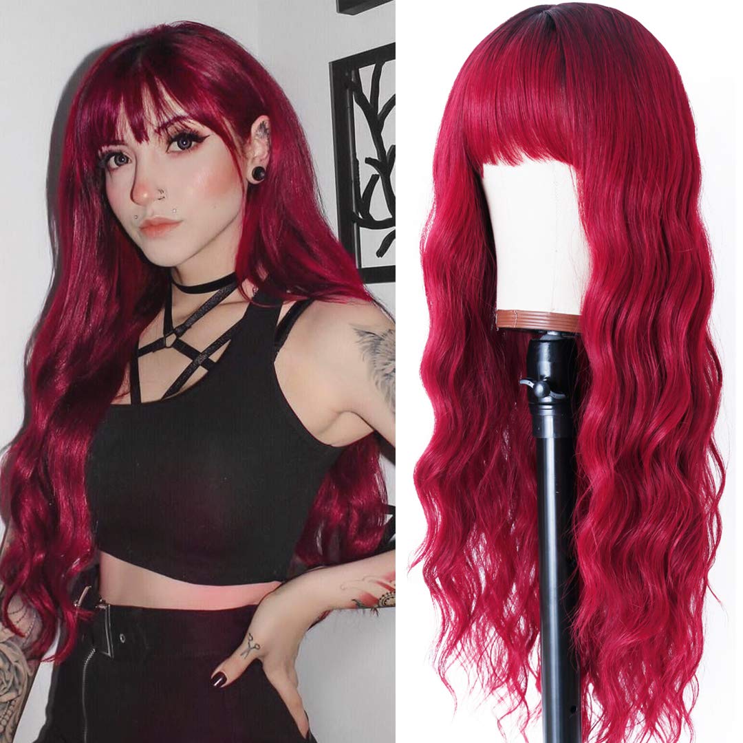 EVLYNN Red Wig with Bangs Ombre Red Long Wavy Wig with Bangs Dark Root Loose Wave Curly Red Wigs for Women Red Synthetic Wigs for Daily Cosplay Party 24 Inch