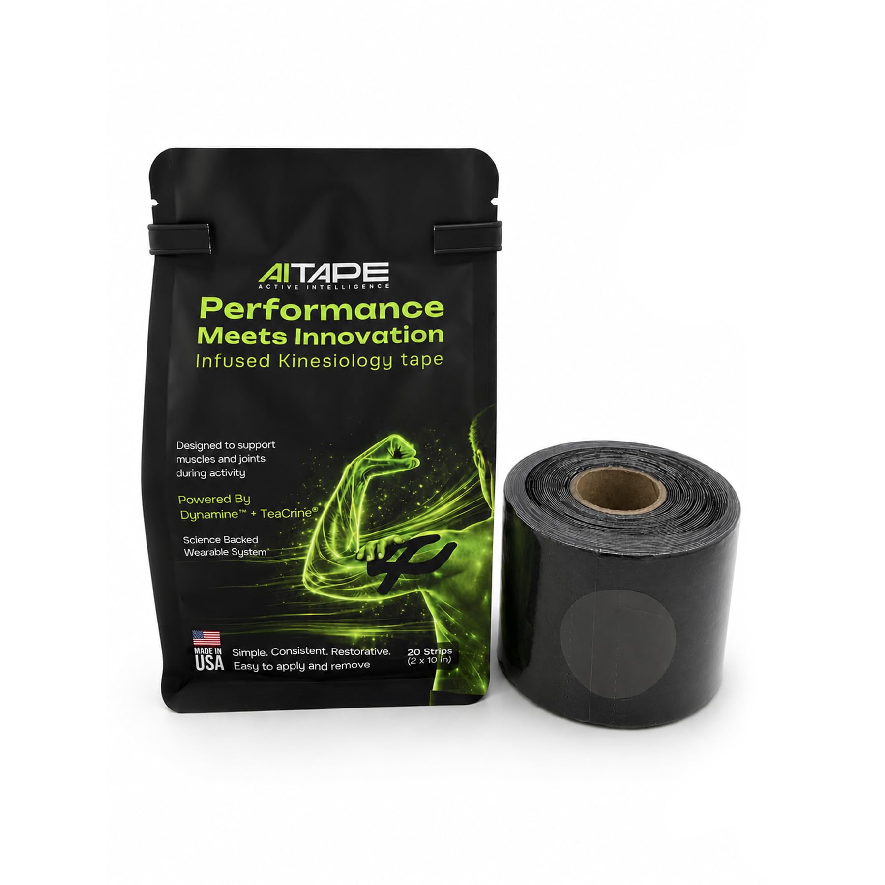 AI Tape Performance Kinesiology Tape with Dynamine and TeaCrine, 20 Ct