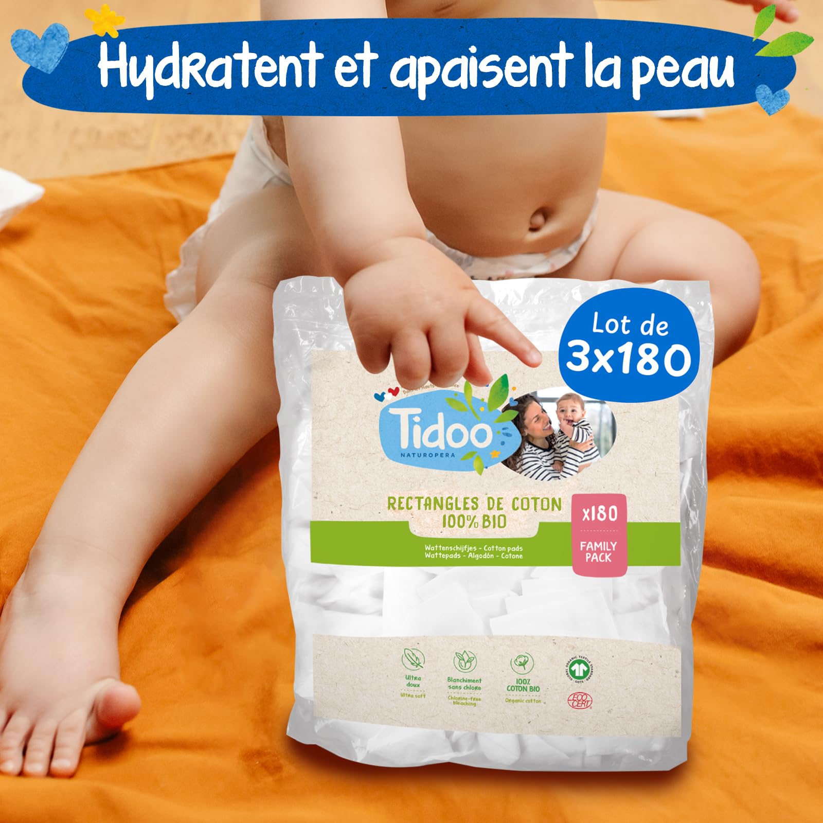 Tidoo - 1080 Coton Pads Bébé 100% Bio - Ultra Doux pour Peaux Sensibles - Change & Toilette - Fabriqués en France
