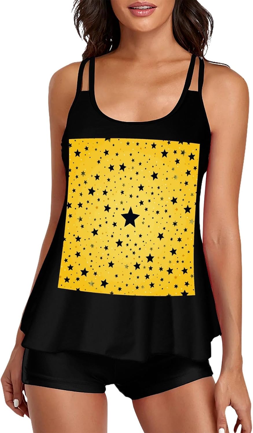 Yellow Background with Black Stars Tankini Swimsuits for Women Tummy Control Two Piece Bathing Suits Swim Tops with Boy Shorts