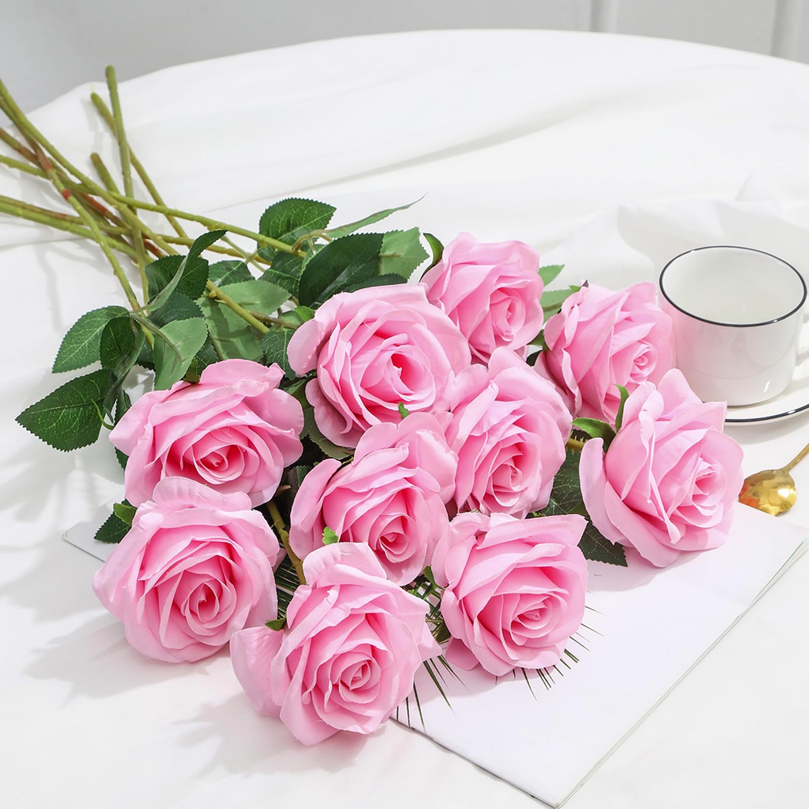 LEUCHTAMOR 10 Stück Künstliche Rosen 54cm Fake Seidenrosen Langer Stiel Realistische Rosen für DIY Bastelblumen Hochzeits Brautsträuße, Arrangements, Party und Heim Dekor(Rosa)