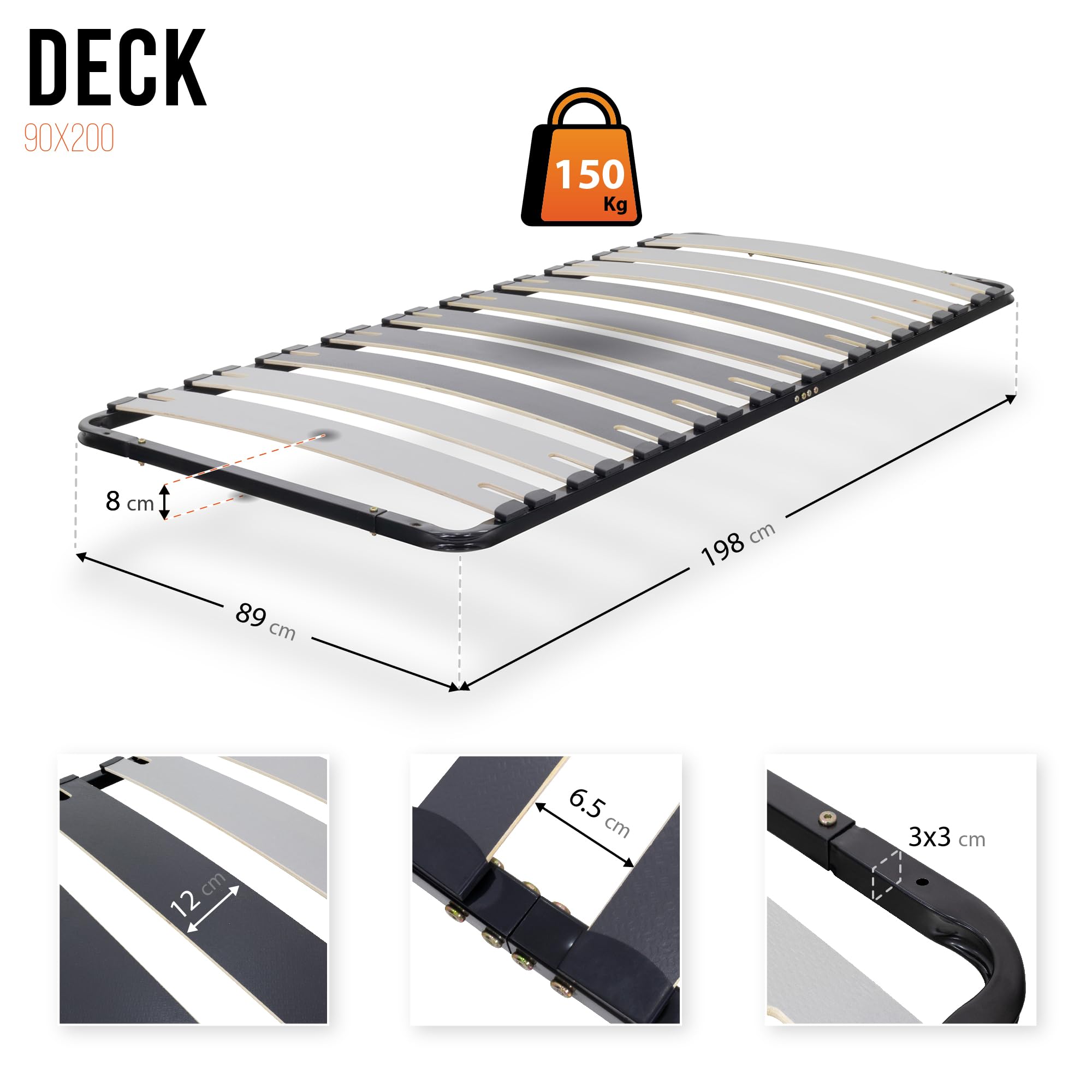 i-flair Metallbett Deck 90x200 cm - Stabiler Metall-Lattenrahmen mit Breiten Latten für alle Betten und Matratzen geeignet