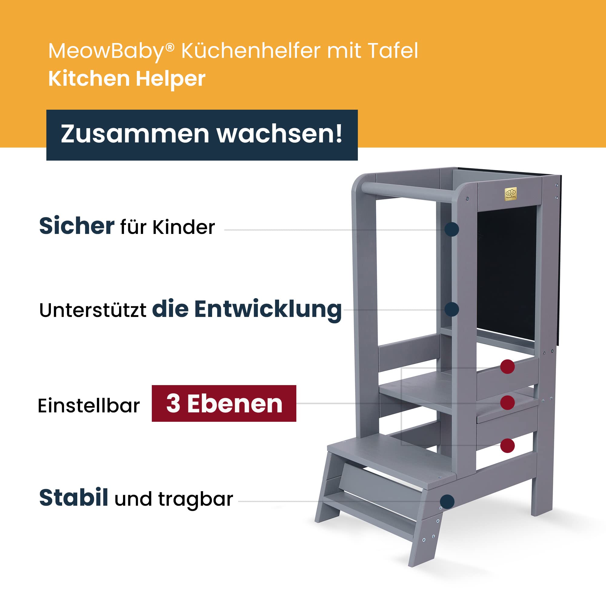 MEOWBABY Lernturm – Höhenverstellbarer Montessori Learning Tower für Kinder – Lernturm ab 1 Jahr – Sicherer Kinder Tritthocker – Holz Küchenhelfer für Küche & Alltag, Weiß