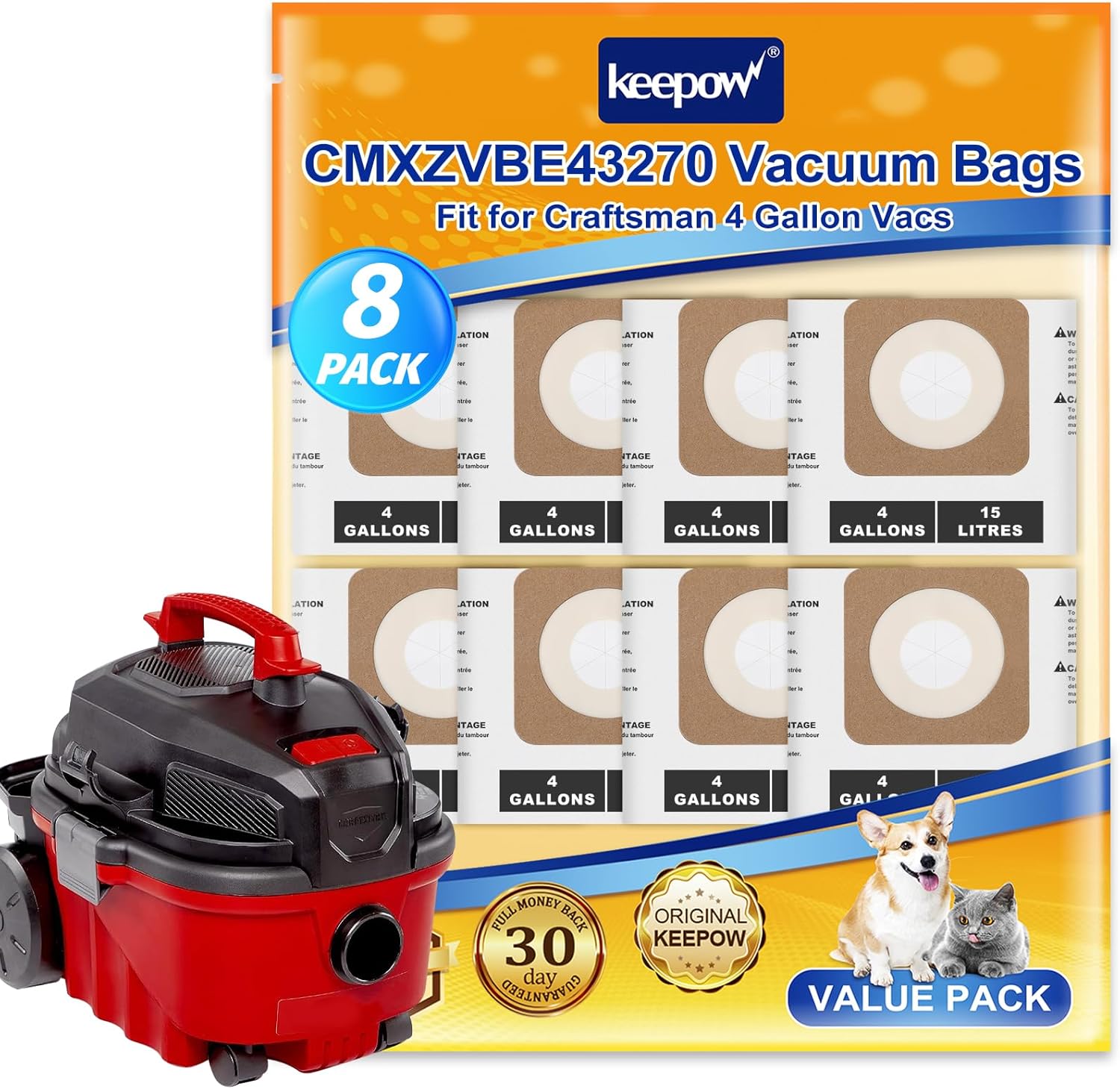 KEEPOW Shop Vac Bags Compatible with Craftsman 4 Gallon Wet/Dry Vacuum & for Dewalt DXV04T 4 Gallon Vac, shop vac accessories, Replacement Part# CMXZVBE43270 43270 (8 Pack)