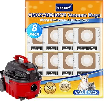 KEEPOW Shop Vac Bags Compatible with Craftsman 4 Gallon Wet/Dry Vacuum | for Dewalt DXV04T 4 Gallon Vac, shop vac accessories, Replacement Part# CMXZVBE43270 43270 8 Pack