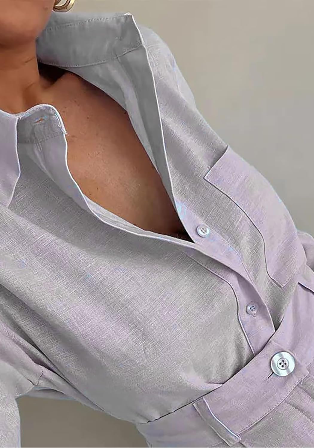 Unybwonn Shorts Sets Women 2 Piece Outfits Casual Long Sleeve Button down Blouses Shirts Tops High Waisted Shorts Set - Image 3